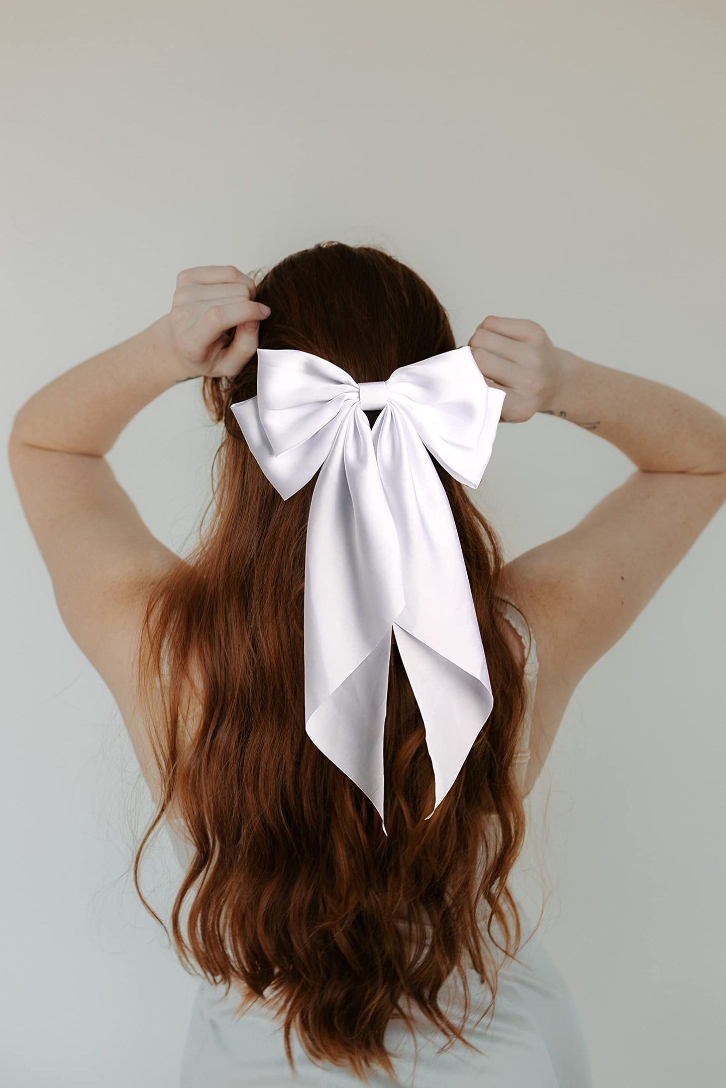 Satin Hair Barrettes Clip for Women Large Bow Hair Slides Metal Clips French Barrette Bowknot with Long Tail Silk Hair Bow Hairpin 90's Hair Accessories (White+White)