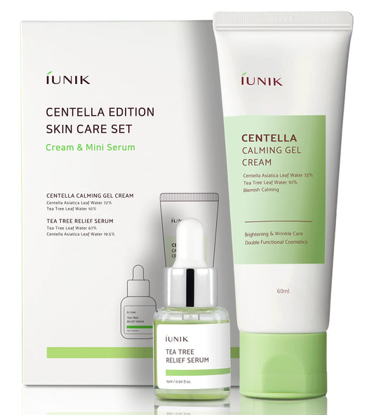 iUNIK Centella Edition Skincare Set (Cream 2.02 fl.oz. & Mini Serum 0.51 fl.oz.) - Centella Asiatica and Tea Tree Leaf Waters to Soothe, Calm, Moisturize, and Protect the Skin