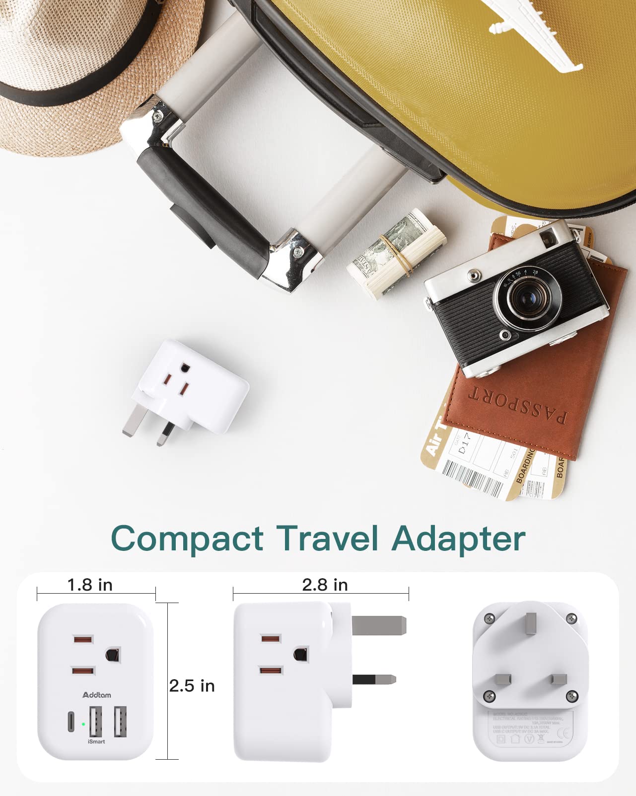 US to UK Ireland Plug Adapter, Addtam Type G Power Adapter with 3 AC Outlets and 3 USB(1 USB C), Travel Essentials for USA to Dubai Scotland British London England Hong Kong Irish