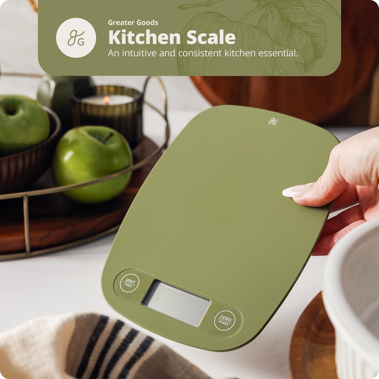 Greater Goods Digital Kitchen Scale - Cooking, Baking, Meal and Food Prep Scale, Weighs in Grams, Pounds and Ounces, Moss Green