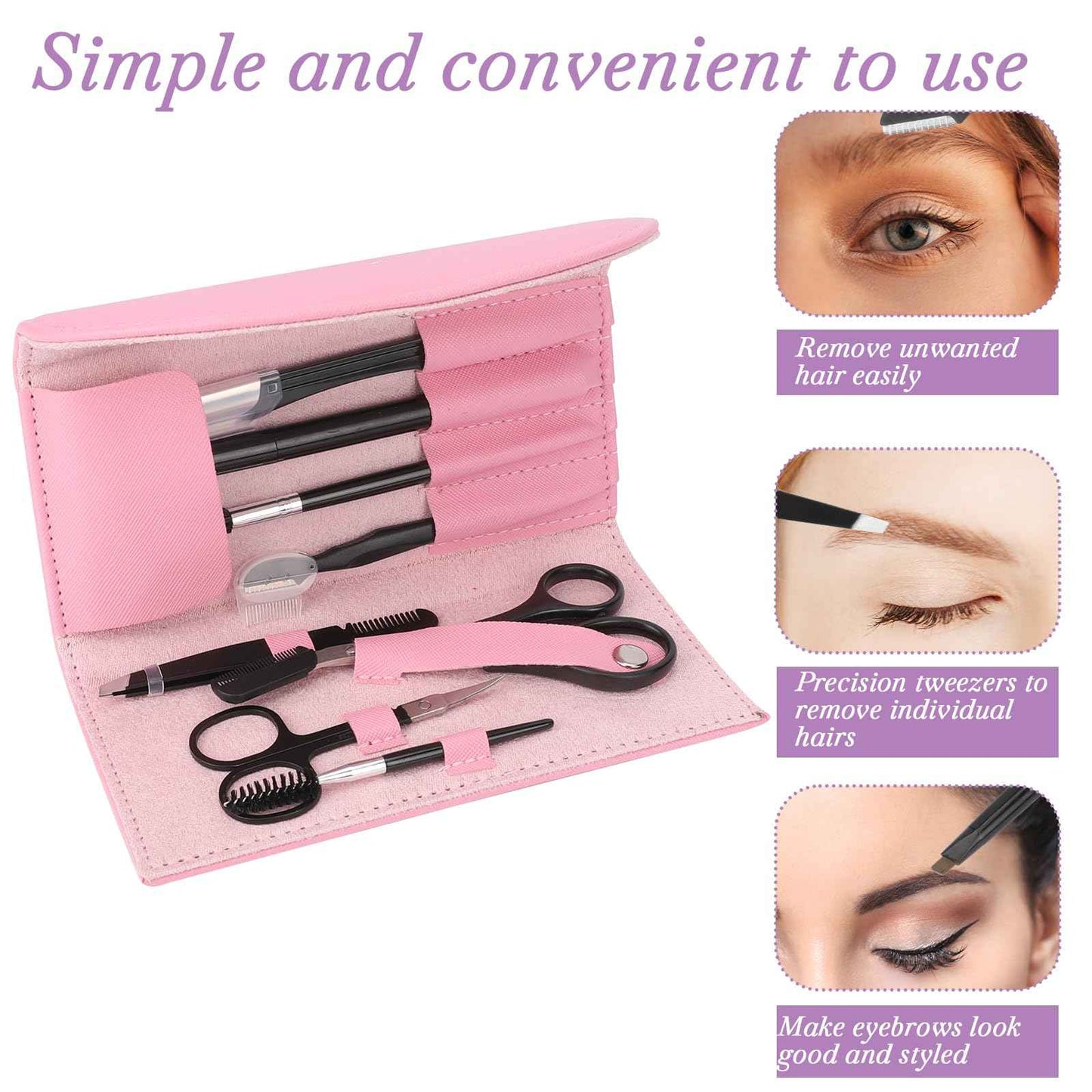 Professional Eyebrow Shaping Kit - 8-Piece Set With Leather Bag, Razor, Scissors, Brush for Women & Men