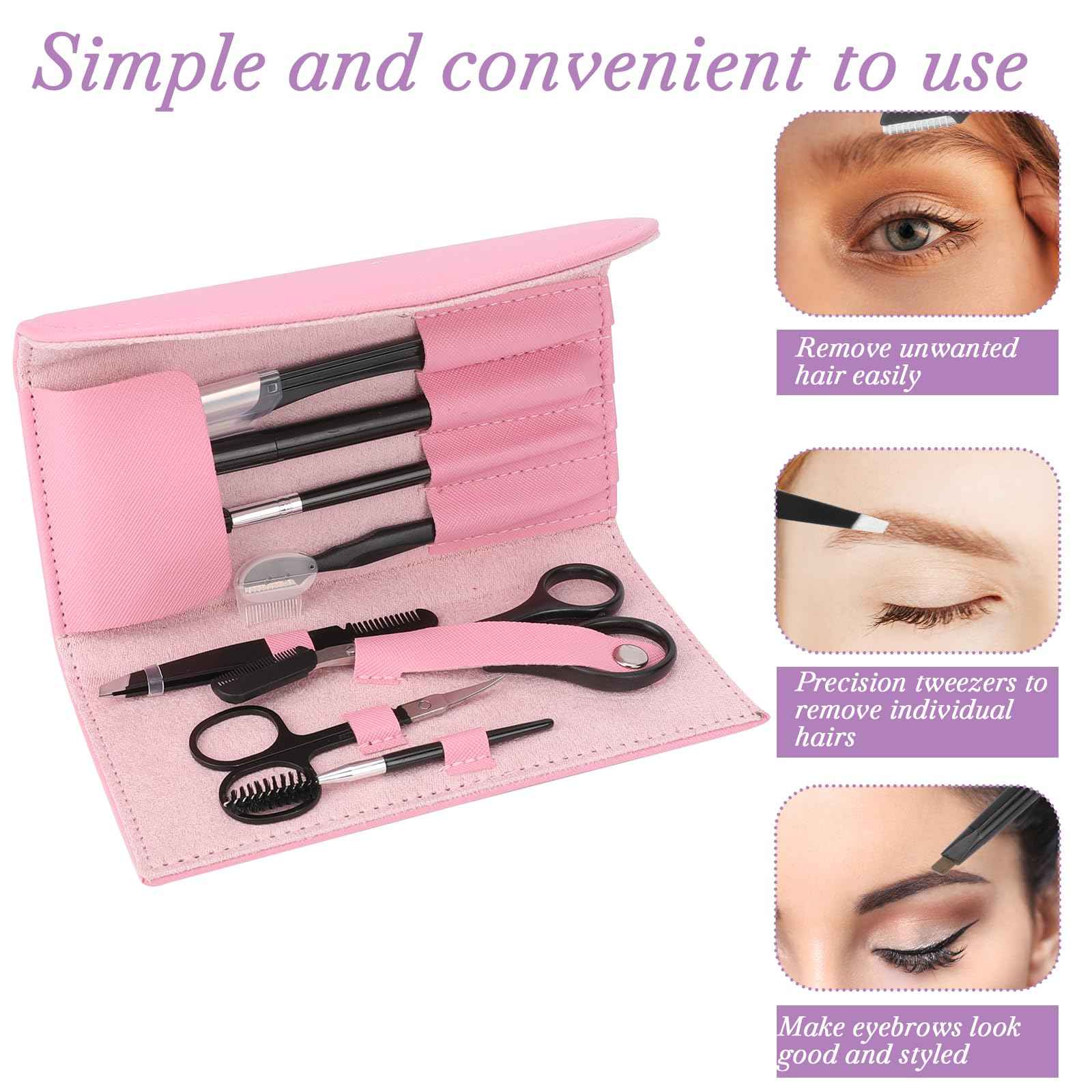 Professional Eyebrow Shaping Kit - 8-Piece Set With Leather Bag, Razor, Scissors, Brush for Women & Men