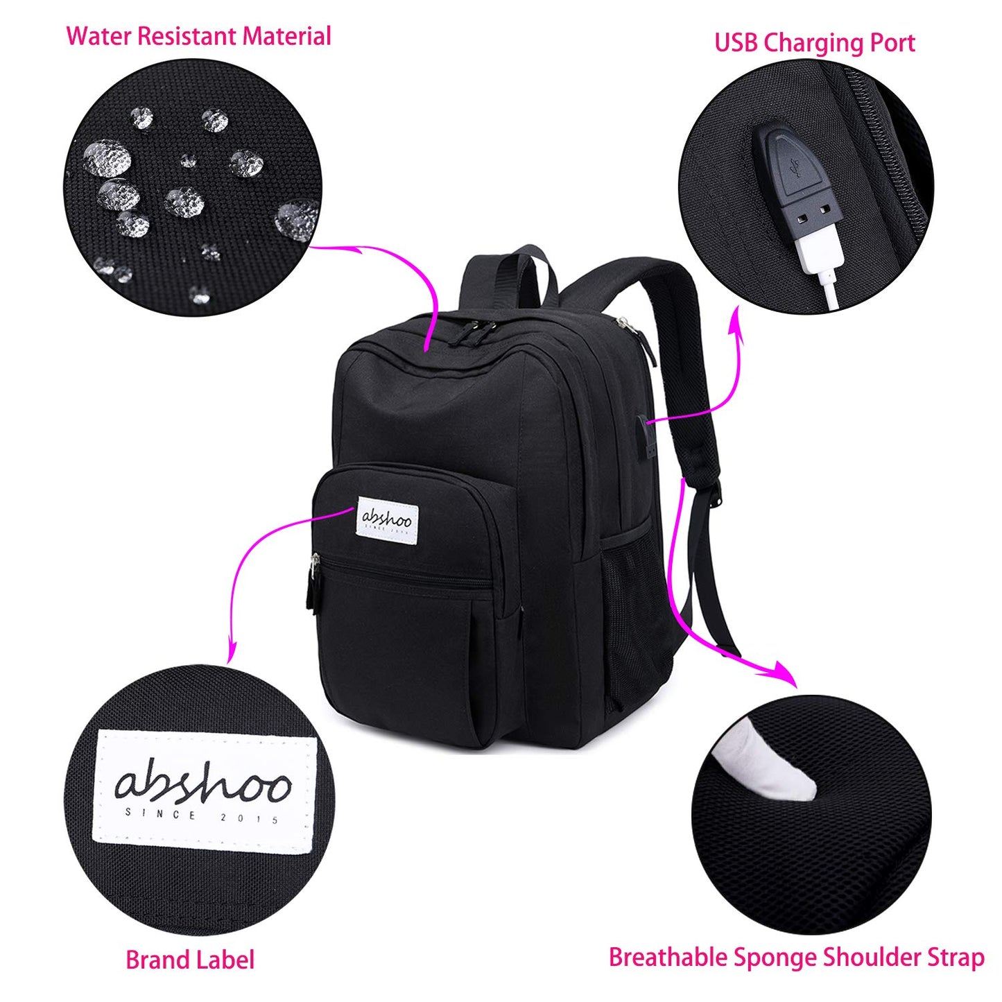 abshoo Classical Basic Women Travel Laptop Backpack School Bookbag for College Men Backpacks with USB Charging Port (USB Black)