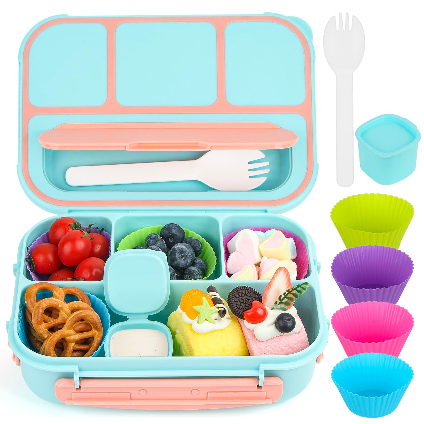 MaMix Bento Lunch Box Adult, Bento Box for Kids, Lunch Containers for Adults/Kids/Students,1300ML-4 Compartment Lunch Box Kids (Pastel blue)