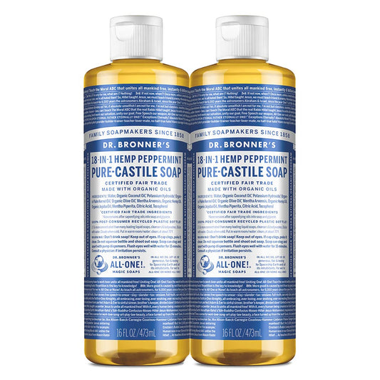 Dr. Bronner's - Pure-Castile Liquid Soap (Peppermint, 16 ounce, 2-Pack) - Made with Organic Oils, 18-in-1 Uses: Face, Body, Hair, Laundry, Pets and Dishes, Concentrated, Vegan, Non-GMO