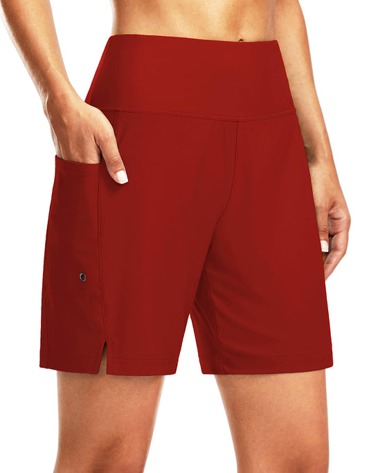 Women's 7" Long Swim Board Shorts High Waisted Quick Dry Beach Swimming Shorts for Women with Liner Pockets(Red,S)