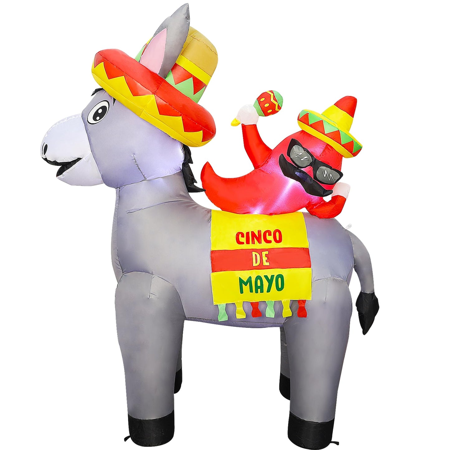 Joliyoou 5FT H Cinco de Mayo Inflatable Yard Decoration, Lighted Blow Up Donkey Carrying Mr. Chilli, Light Up Air Blown for Mexican Fiesta Fifth of May Home Garden Lawn Patio Festival Decor