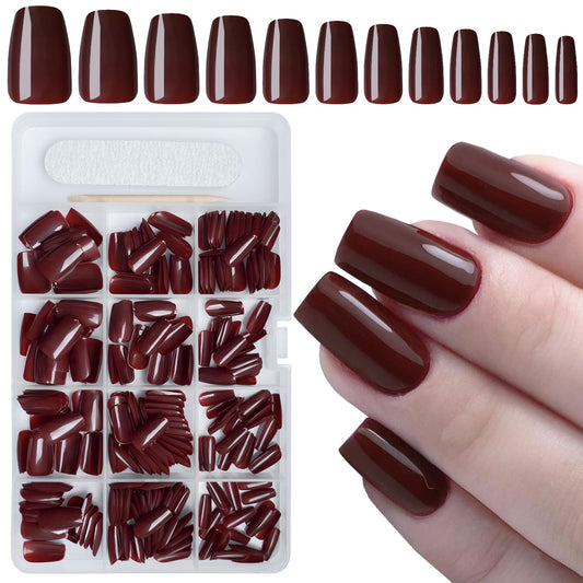 AddFavor 300pcs Coffin Press on Nails Medium Fake Nails Burgundy Nails Glossy Ballerina Square Nail Press on Acrylic False Nail for Women Girls