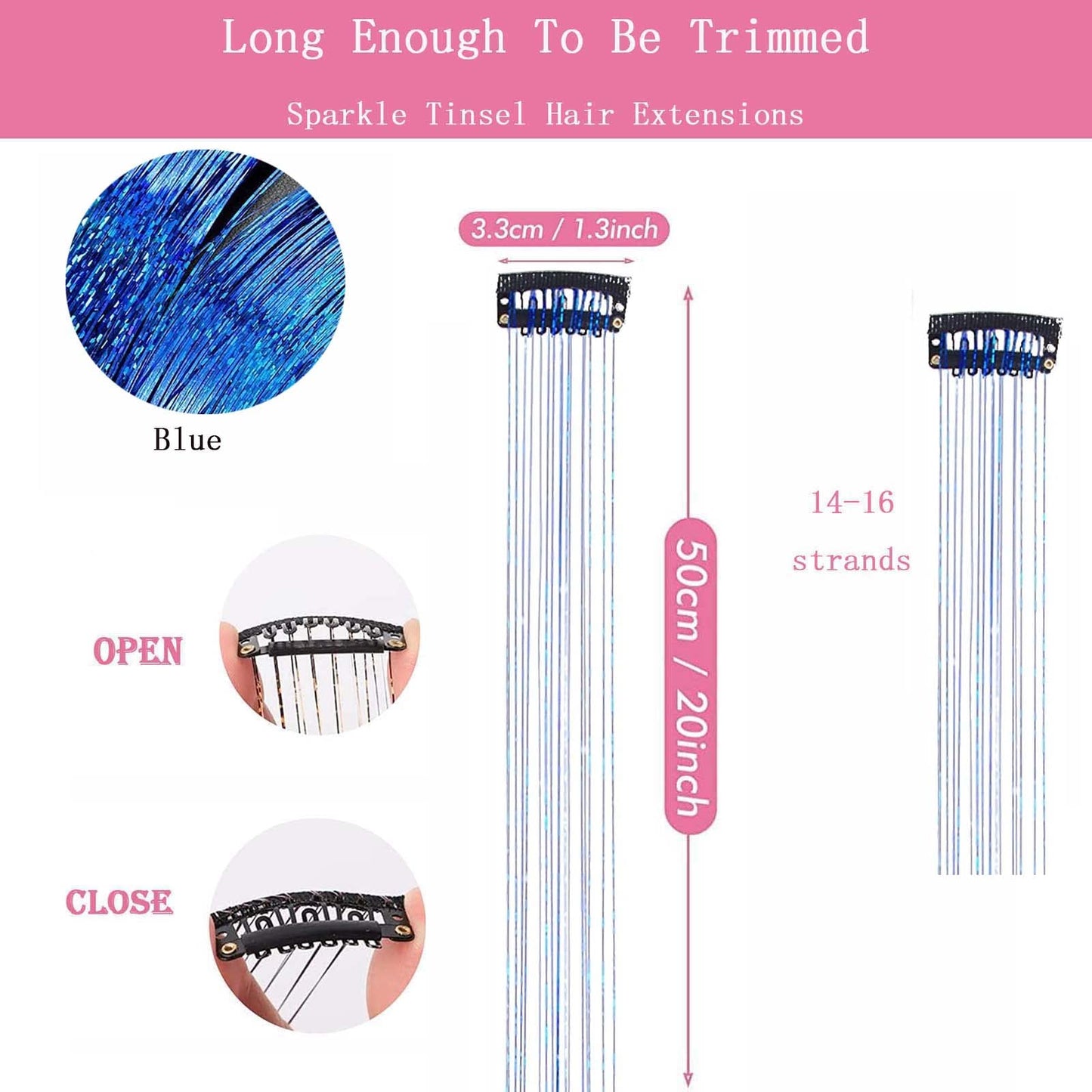 Hair Tinsel Clip in Tinsel Hair Extensions Blue Fairy Glitter Hair Tinsel Kit for Women Heat Resistant 21.5In 6Pcs Festival Hair Accessories for Party, Christmas, New Year, Halloween, Cosplay