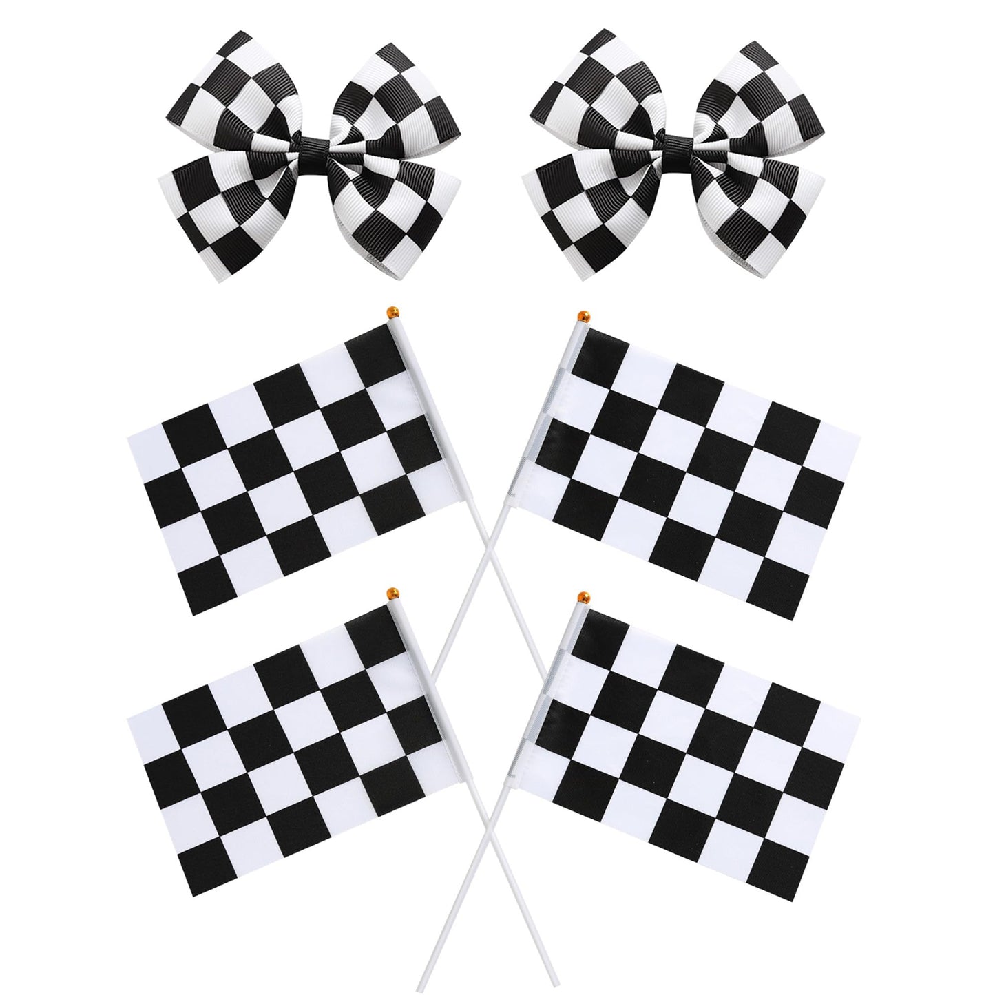 2PC Racing Checkered Hair Bow Clips with 4PC Checkered Flags Black White Hair Accessories for Girls Women Party Decorations