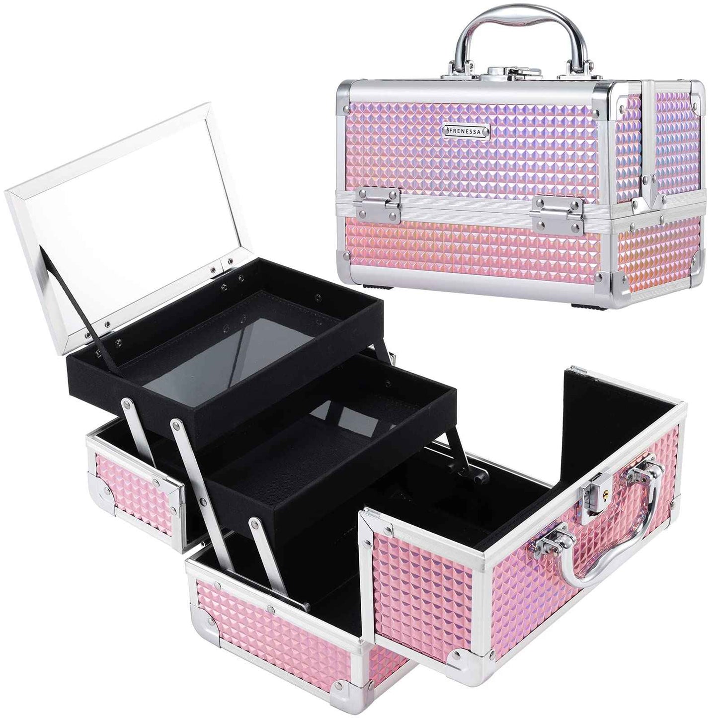 FRENESSA Makeup Train Case Makeup Box Organizer Portable Cosmetic Travel Case Makeup Case with Mirror Locking Make Up Cases Organizers and Storage for Nail Supplies Hard Cosmetic Box Shiny Pink