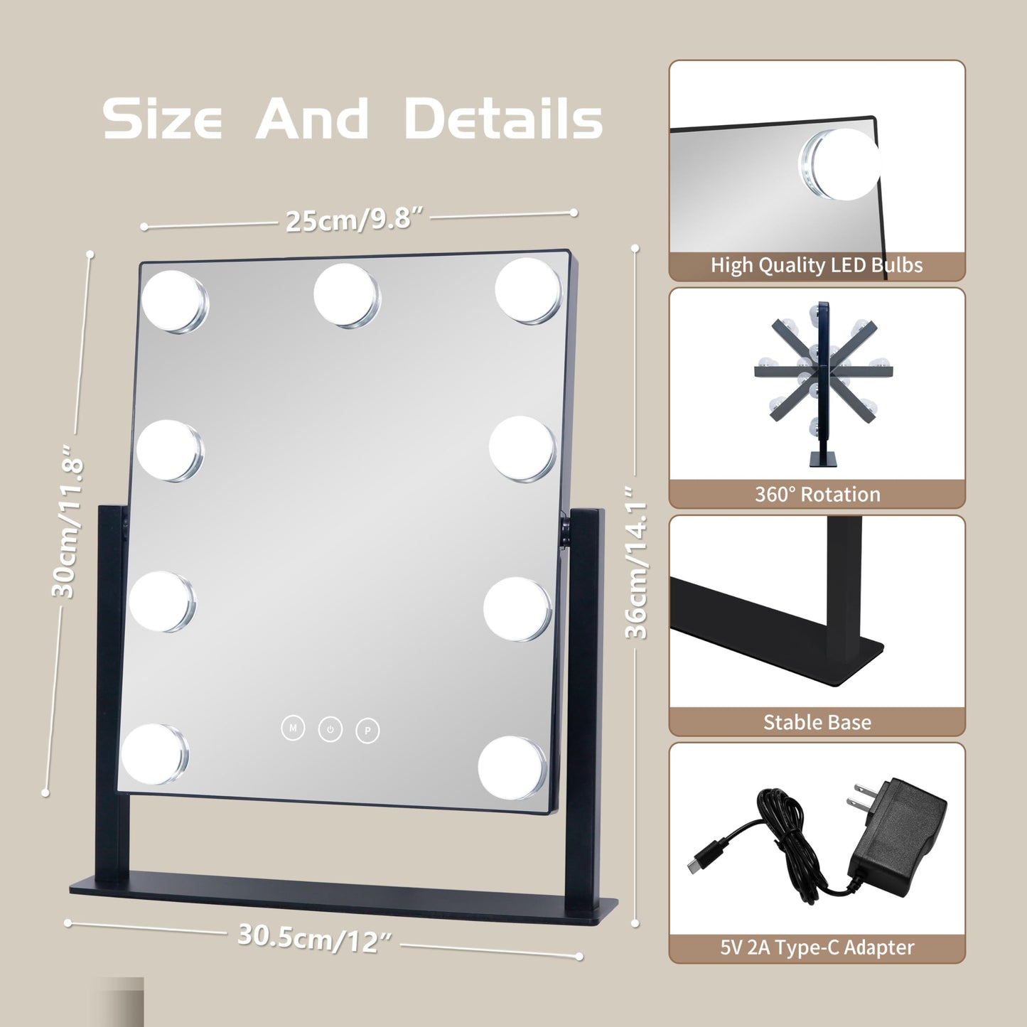 NUSVAN Vanity Mirror with Lights,Makeup Mirror with Lights with 9 Dimmable LED Bulbs, 3 Color Lighting Modes Detachable 10X Magnification Mirror Touch Control,360°Rotation