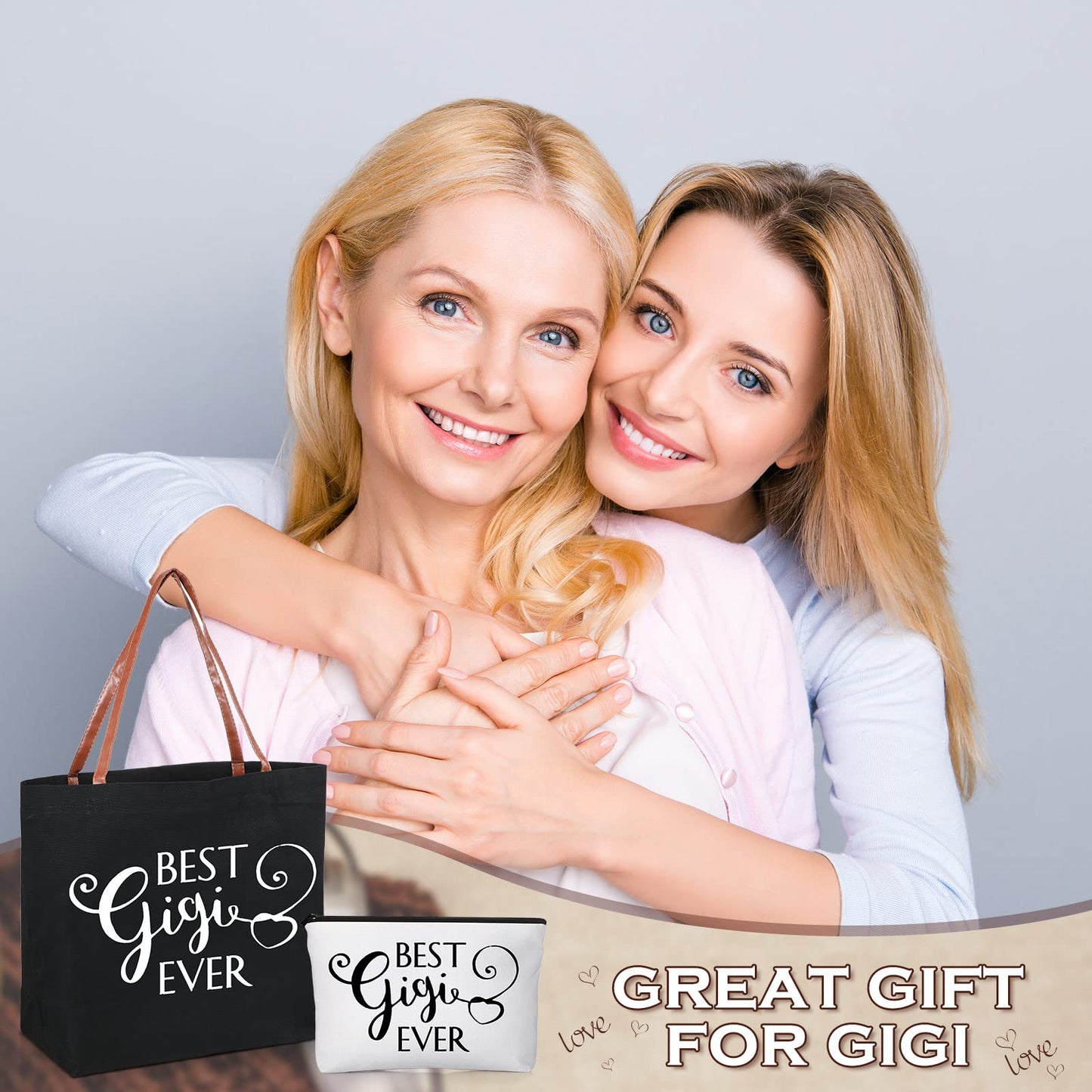 Sieral 2 Pieces Gigi Gifts Mother's Day Gifts Best Ever Tote Bag with Zipper Leather Belt and Make up Bag Grandma Birthday Gifts for Mom Grandma Shopping Beach Travel