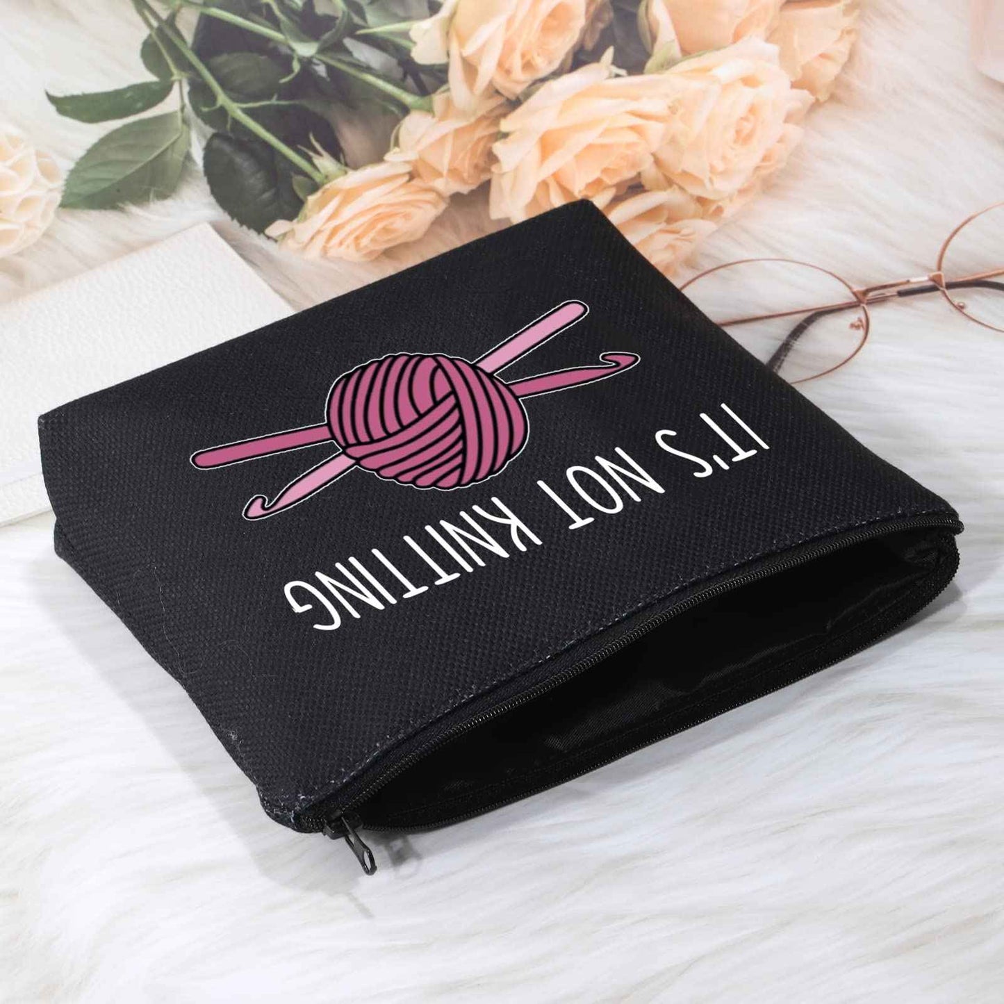 POFULL Crochet Gifts Crochet Lovers Gift It's Not Knitting Cosmetic Bag Crochet Hook Gift (Black It's Not Knitting bag)