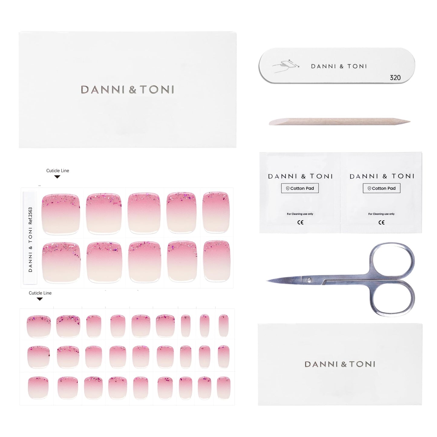 DANNI & TONI Semi Cured Gel Toenail Strips Pink Ombre (Ruby Frost) Rose Red Glitter Gel Toenail Stickers Reverse French Gel Pedi Wraps 37 Stickers