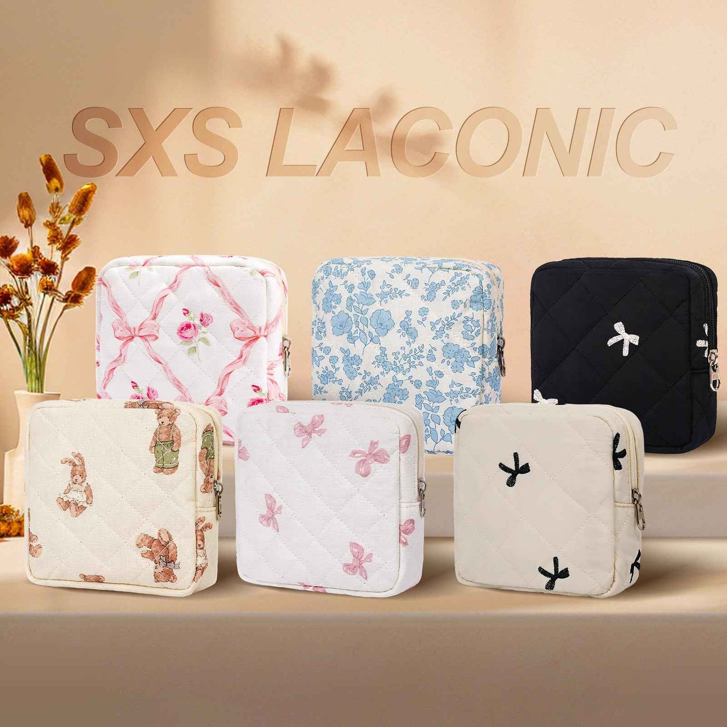 SXS LACONIC Small Makeup Bag for Purse,Quilted Cosmetic Pouch, Mini Make up Bags with Compartments Inside, Cute Cosmetic Organizer for Women, Travel Toiletry Bag