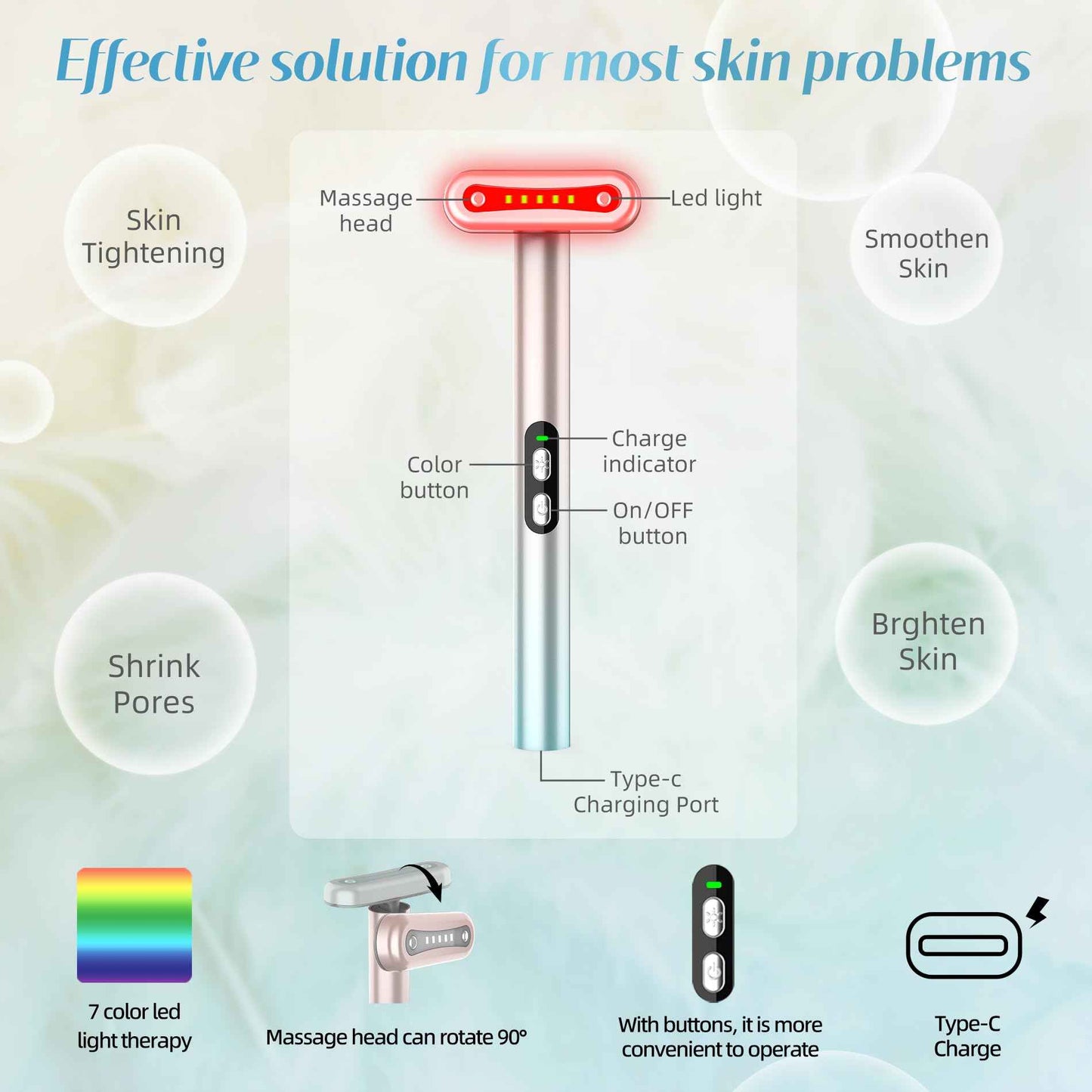 Led-Face-Wand，7 in 1 LED Light Therapy Facial Red & Blue Rejuvenation Tool