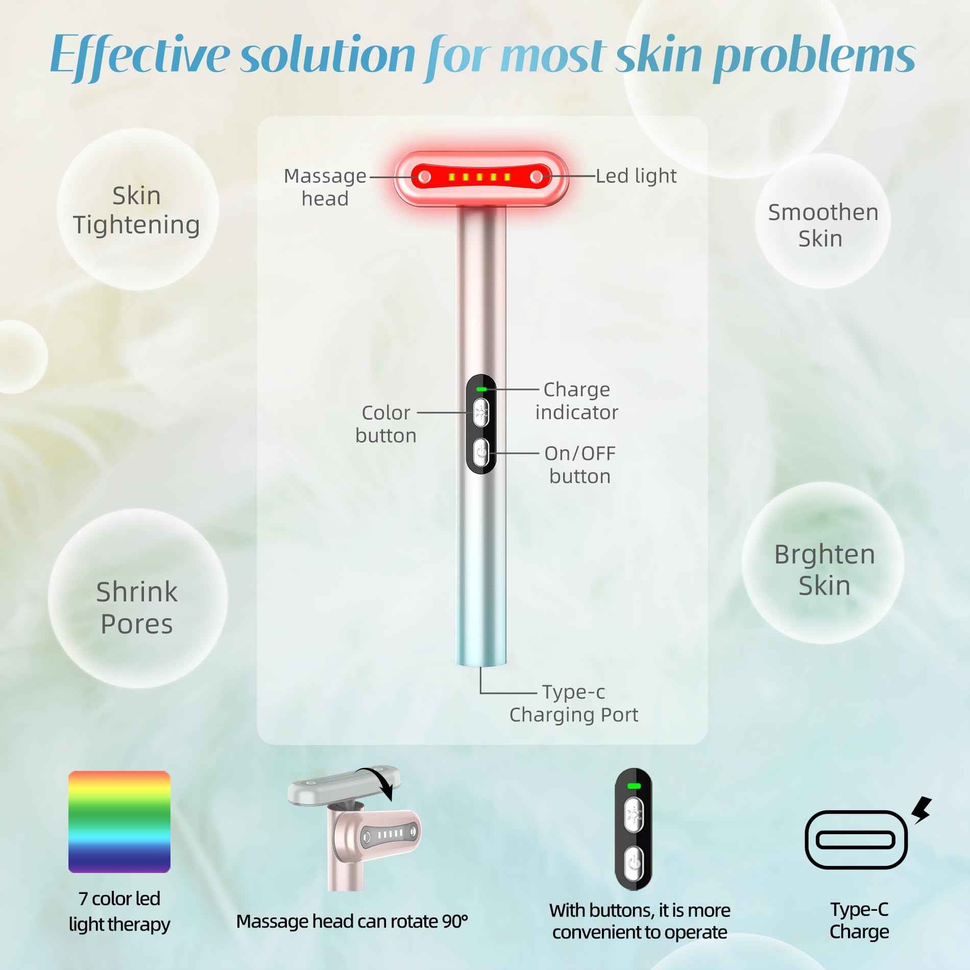 Led-Face-Wand，7 in 1 LED Light Therapy Facial Red & Blue Rejuvenation Tool