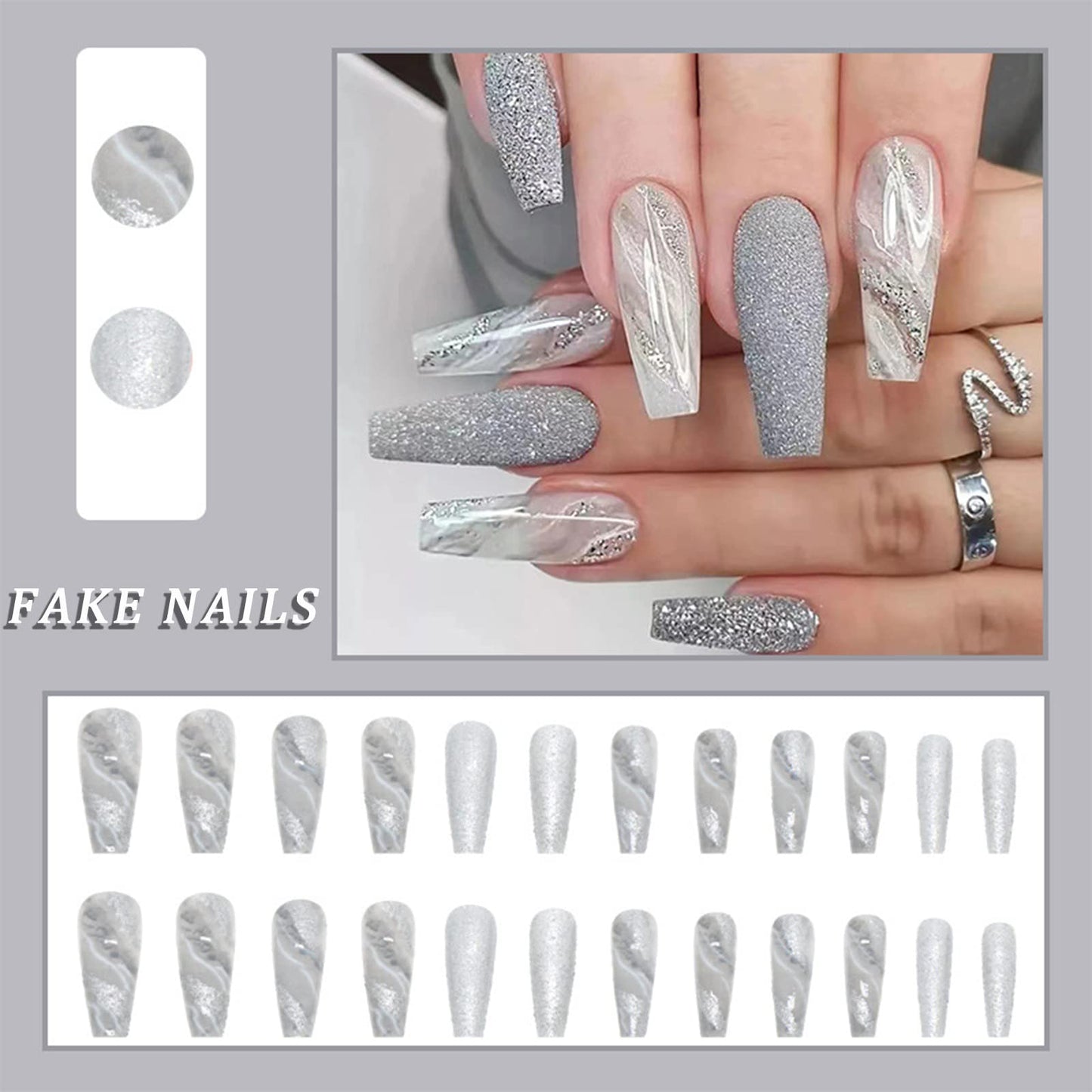 Long Coffin Press on Nails Fake Nails with Sliver Glitter Design White Gray Coffin Full Cover Stick on Nails Glossy False Nails with Glue on Nails for Women Girls Acrylic Nails Kit 24Pcs