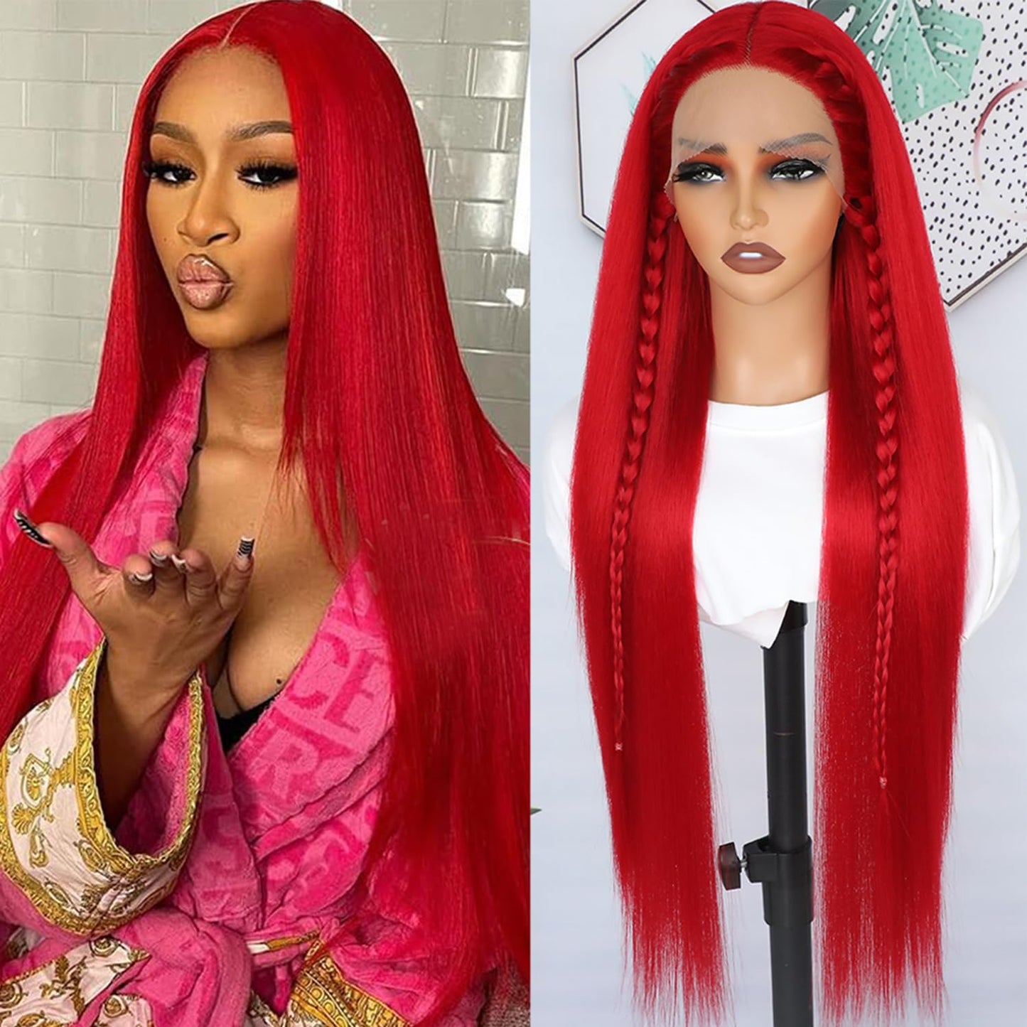 Lezaxiu 30 Inch Red Hair Lace Front Wigs Pre Plucked Long Straight Wig Glueless Red Colored Wigs Heat Resistant Synthetic Lace Front Wigs for Black Women