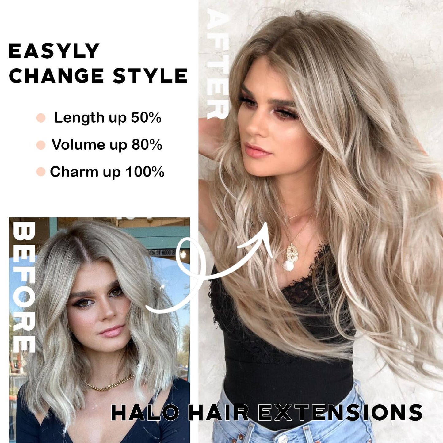 Halo Hair Extensions 20 Inch Invisible Wire Long Wavy Blonde Hair Extensions for Women Adjustable Size Hairpiece 4 Clips in Hair Extension (Bleach Blonde with Light Brown)