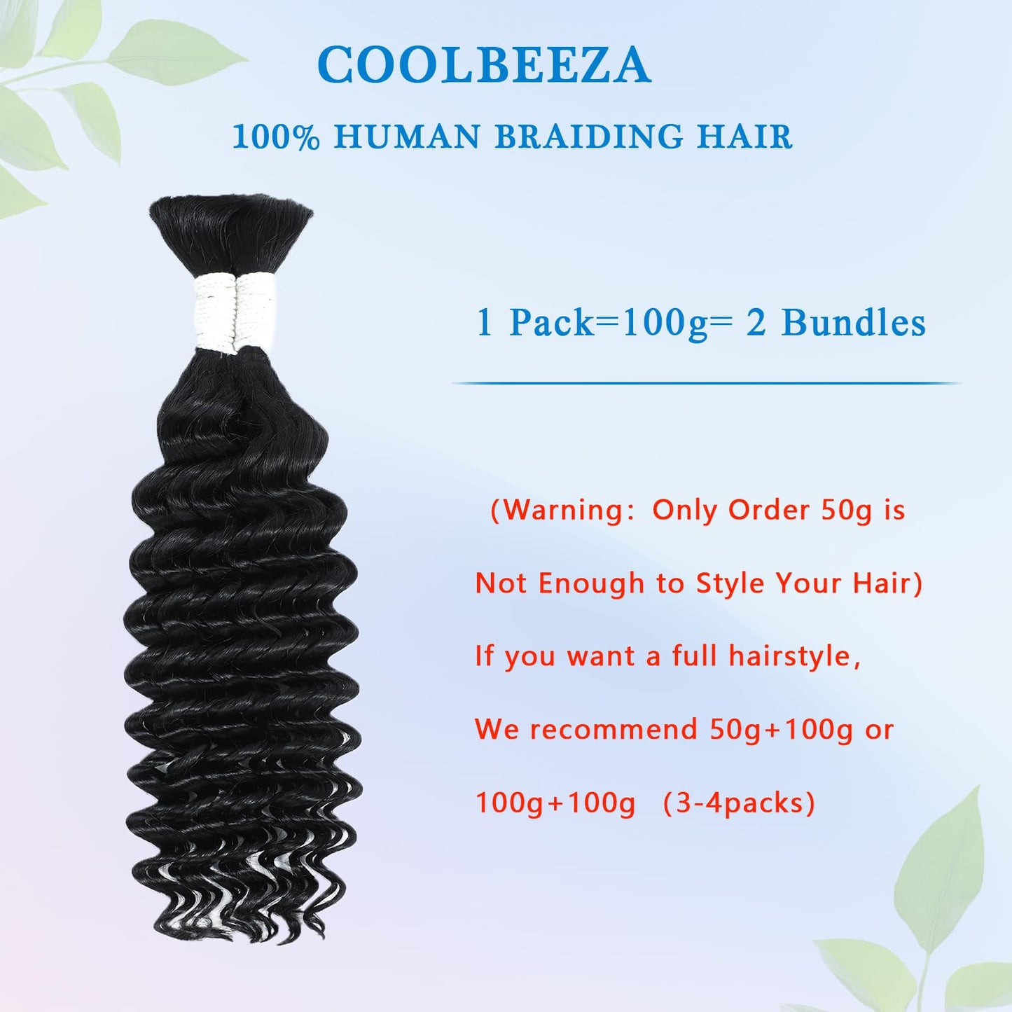 Coolbeeza Human Braiding Hair 14 Inch Deep Water Wave Bulk Human Hair for Braiding 12A Brazilian Virgin Curly Hair for Boho Braids Wet and Wavy No Weft 2 Bundles 100g Hair Extensions