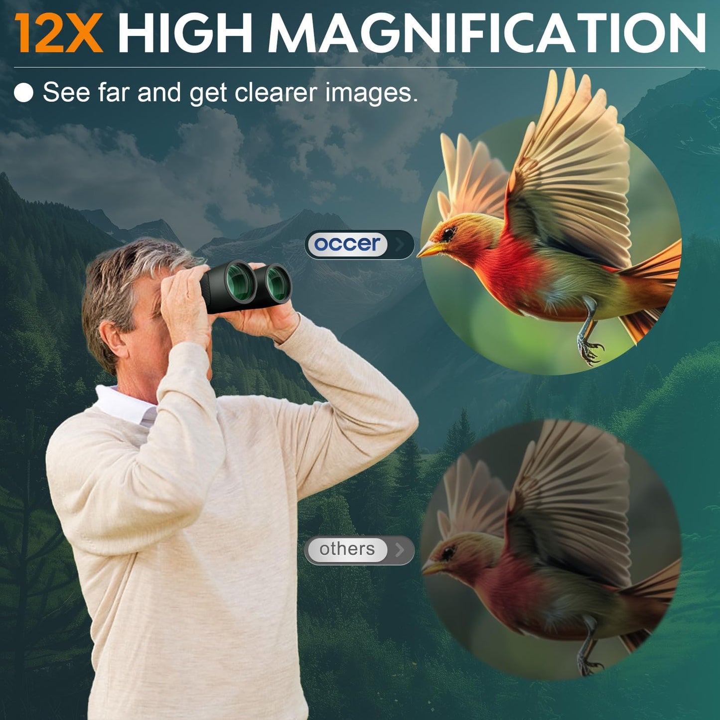 occer 12x50 Bird Watching Binoculars for Adults - High Powered Binoculars with Clear Large Image - Easy Focus HD Binoculars with Long Range for Cruise Trip Hunting Travel Concert Stargazing,Green