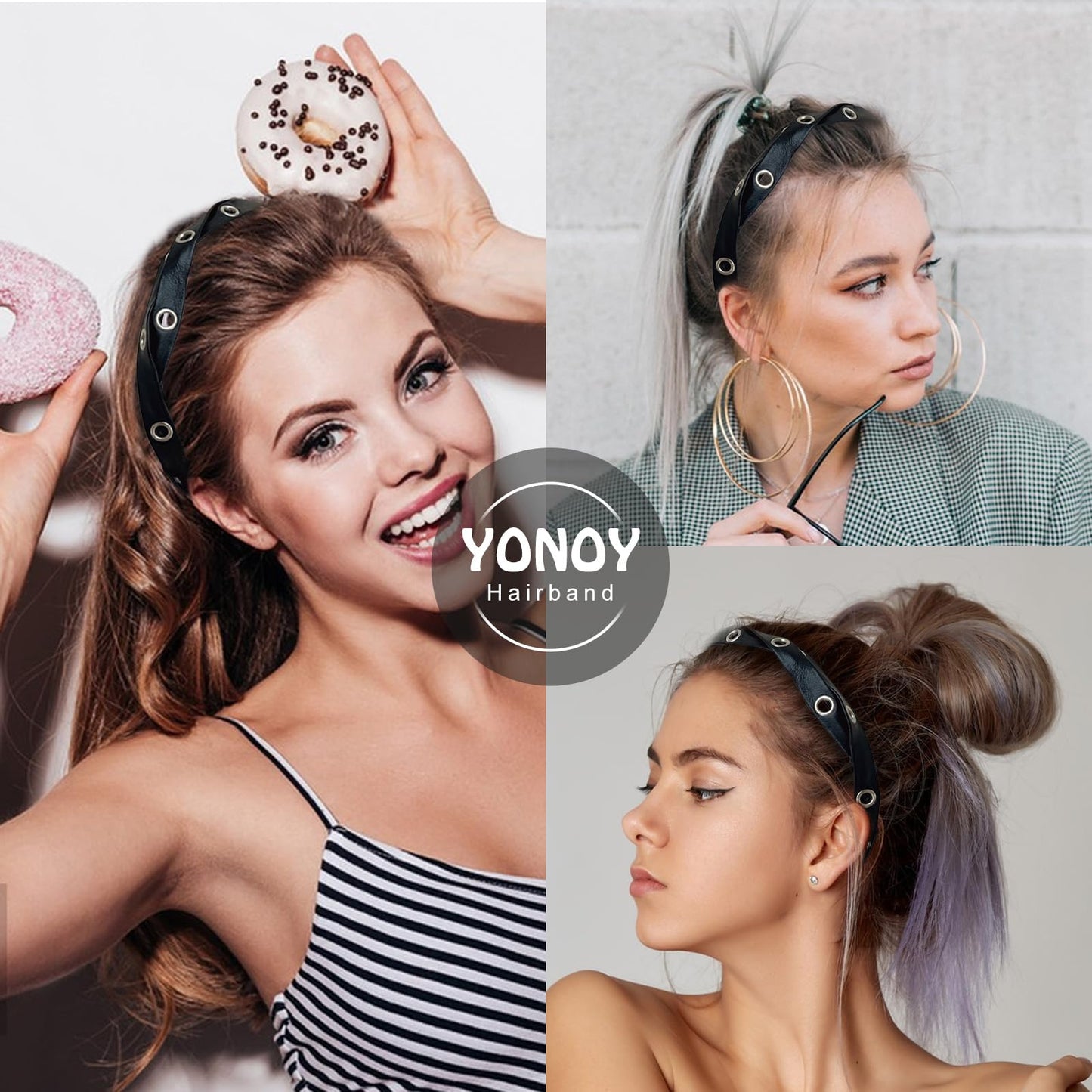 YONOY 3 Pcs Thin Leather rivets Headbands for Cool Girl, Rock Punk Hairband Anti-Slip Head Bands for Girl’s Hair Fashion Kont Headband Black Headbands for Girl’s Hair Accessories