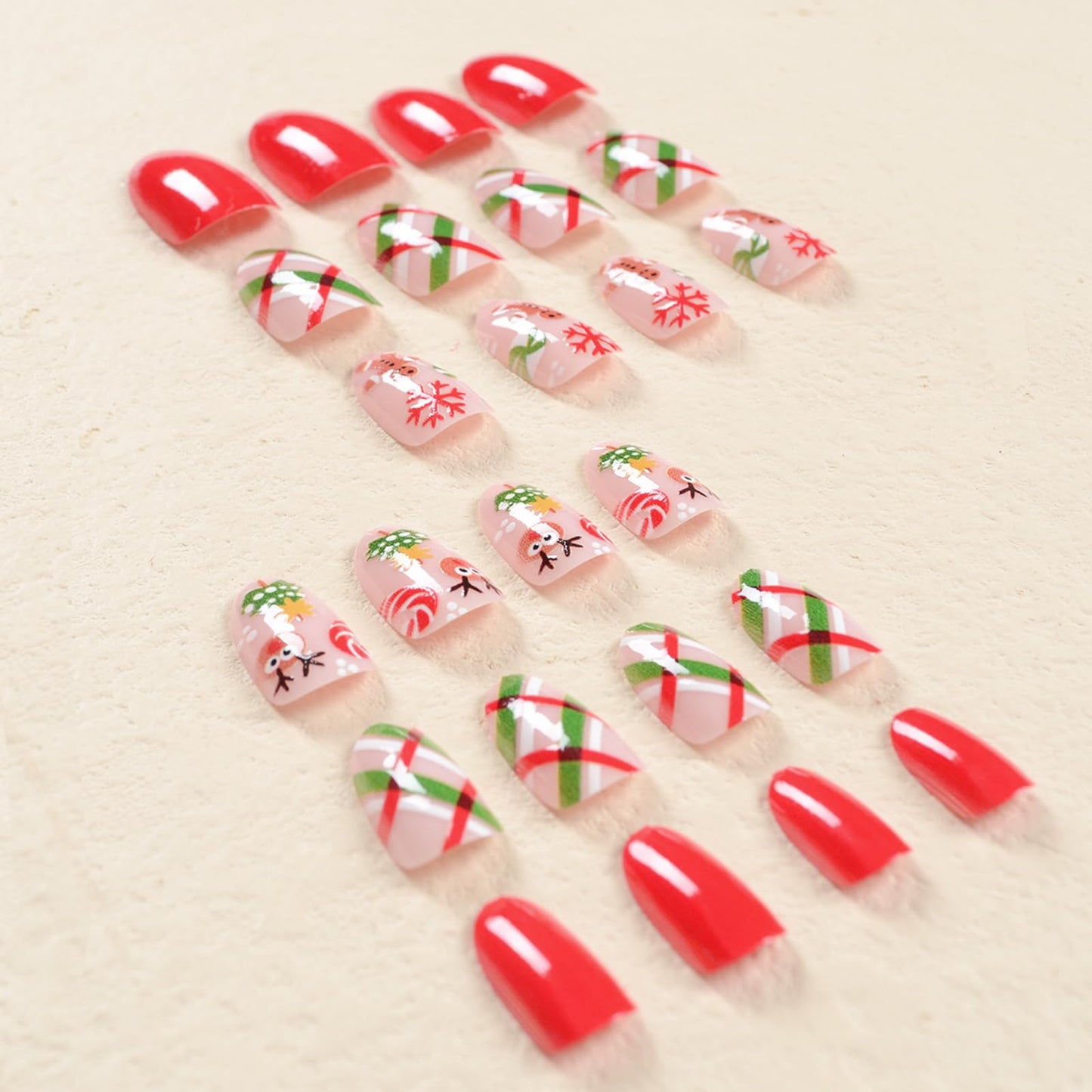 Christmas Red Nails Press on Nails Short Oval Fake Nails with Designs Gingerbread Man Candy Canes Snowflake Reindeer Stripe Full Cover Acrylic Square Nude Winter False Nails for Women and Girls 24Pcs