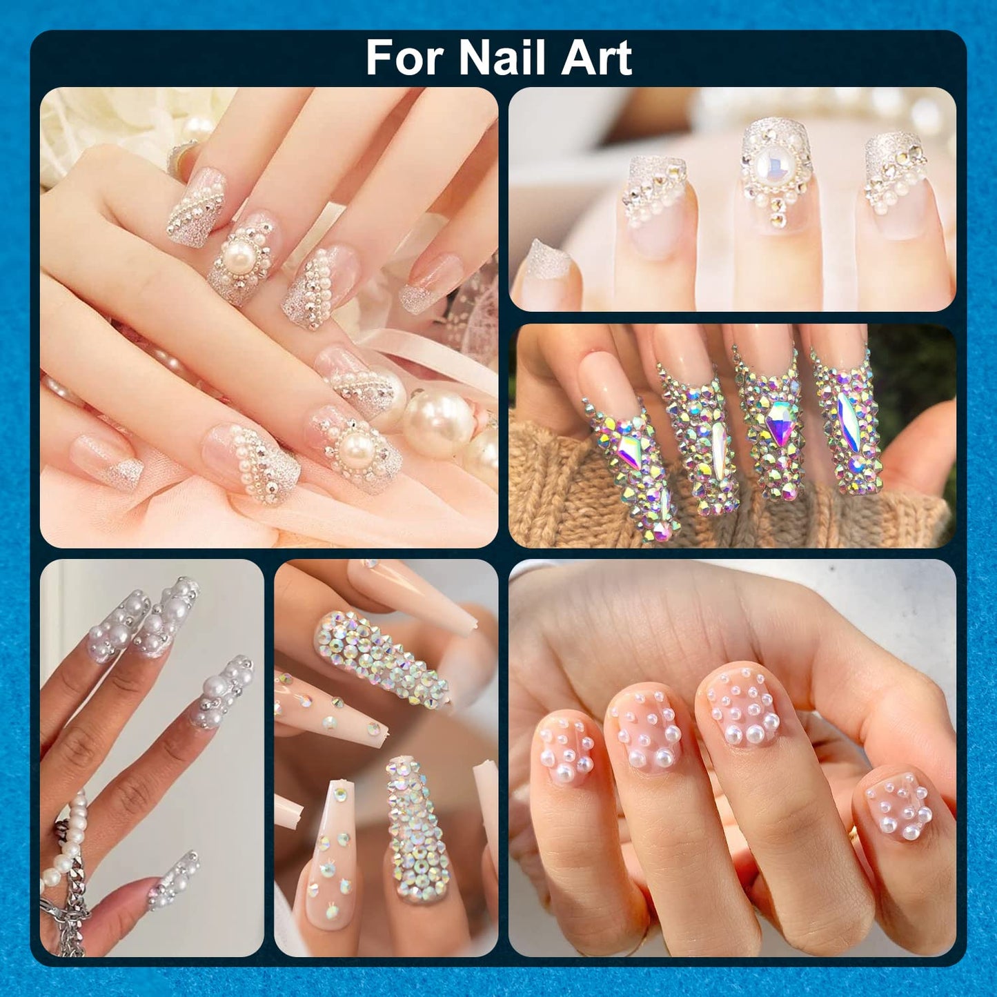 Nail Art Rhinestone Glue Gel&2 Boxes Flatback Gems Accessories Kit, 1 Tube of 15ml Rhinestone Gel Glue(UV/LED Needed)+Round AB&Clear Gems+Flat-back Half Round White&Beige Pearls with Pickup Tools