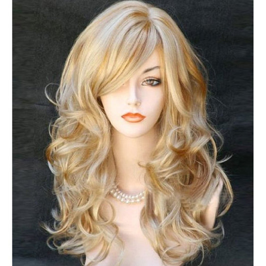 RightOn 21" Stylish Long Curly Wavy Blonde Hair Wig with Bangs Party Perruque Halloween Cosplay Party Costume Wig(Mixed Blonde)