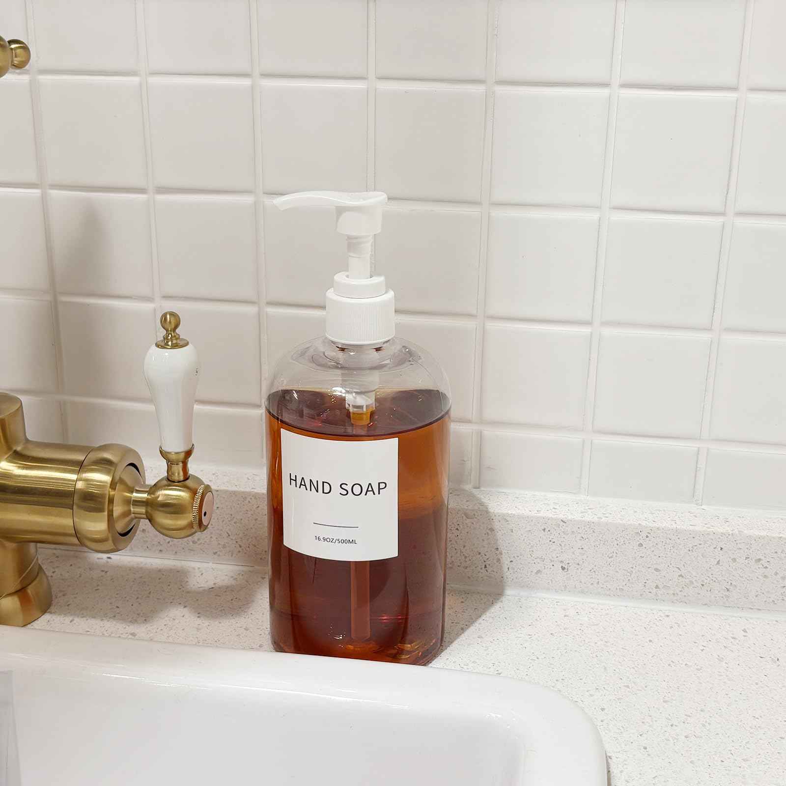 Soap Dispenser with Waterproof Labels, Thickened Plastic Hand Soap Dispenser for Bathroom, Kitchen Dish Washing Liquid Bottles, Shampoo and Conditioner Bottles (16.9 oz, Set of 2, Clear)