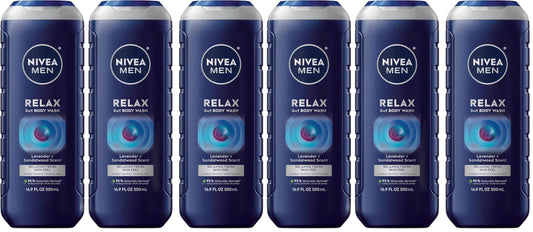 Nivea Men Relax 3-in-1 Body Wash, Lavender and Sandalwood Scented Men's Body Wash Cleanses Face, Body and Hair, 16.9 Fl Oz Bottle, Pack of 6