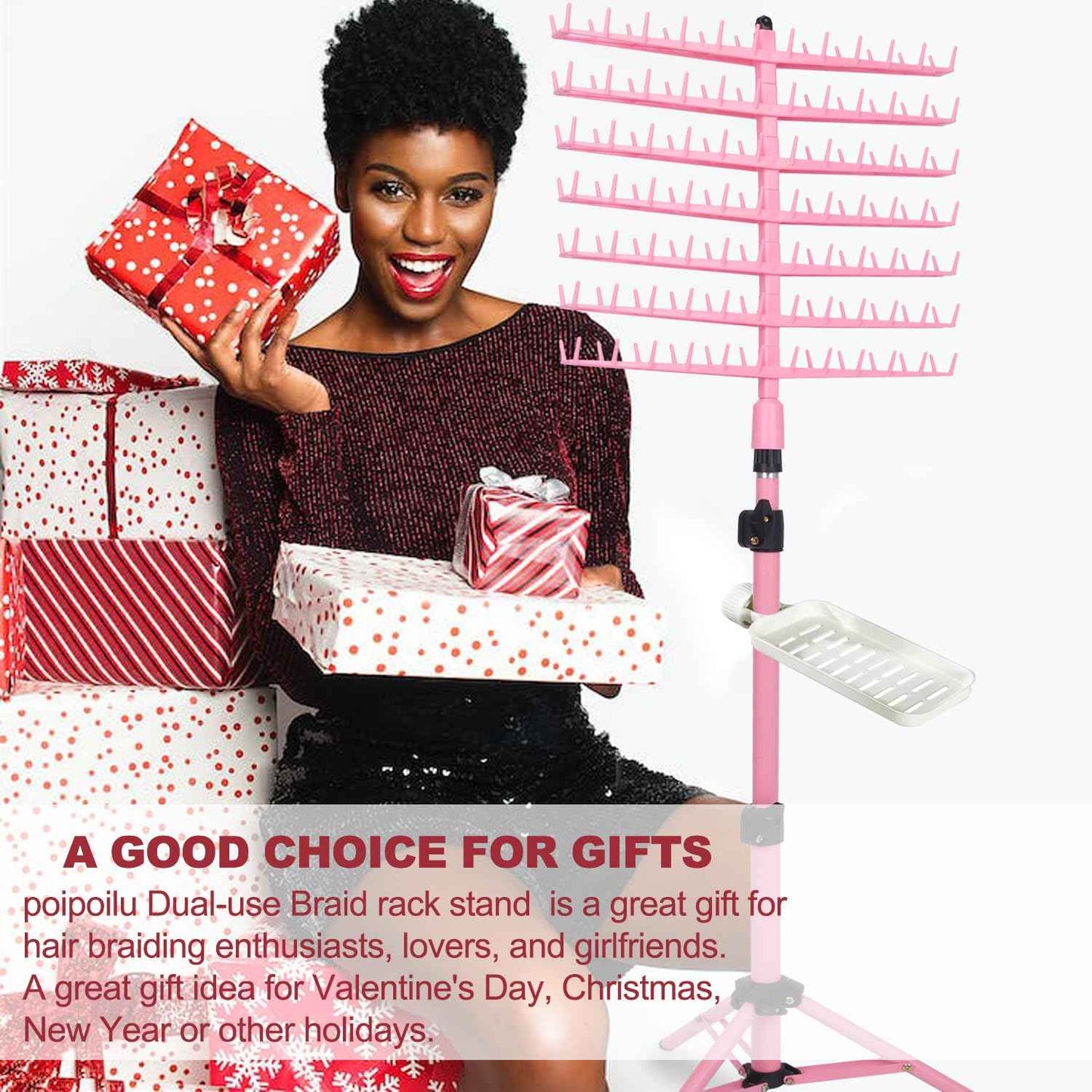 poipoilu Height Adjustable Braiding Hair Rack 168 pegs, Dual-use Braid rack with Clamp (Pink)