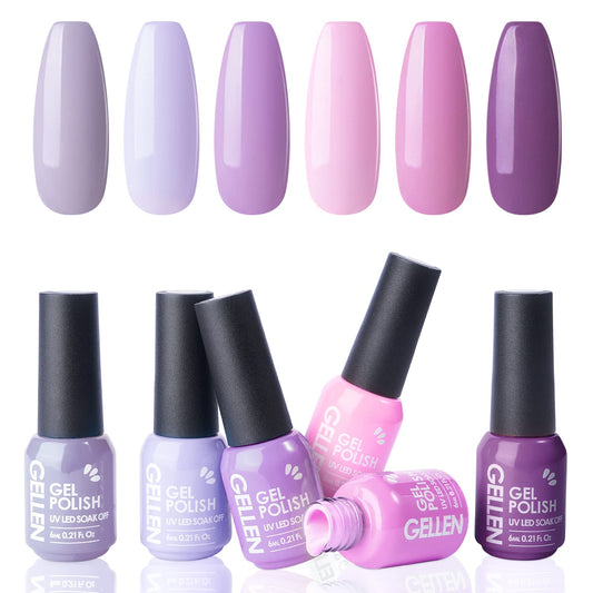 Gellen Gel Nail Polish Kit - 6 Colors Lavenders Series - Violet Lilac Rose Pink Popular Nail Gel Colors Nail Art DIY Home Gel Manicure Set