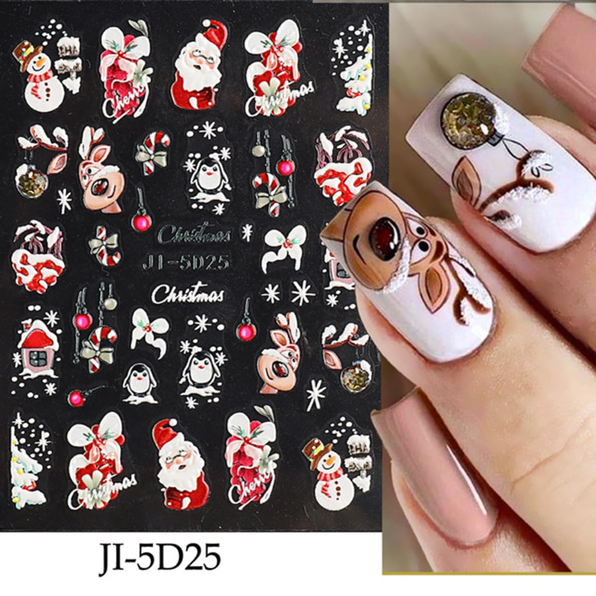 Christmas Nail Art Stickers Decals Deer 5D Embossed Nail Decals 6PCS Santa Claus Winter Snowy Tree Penguin Snowman Christmas Nails Design Holiday Nail Sticker for Manicure Nail Art Decoration Supplies