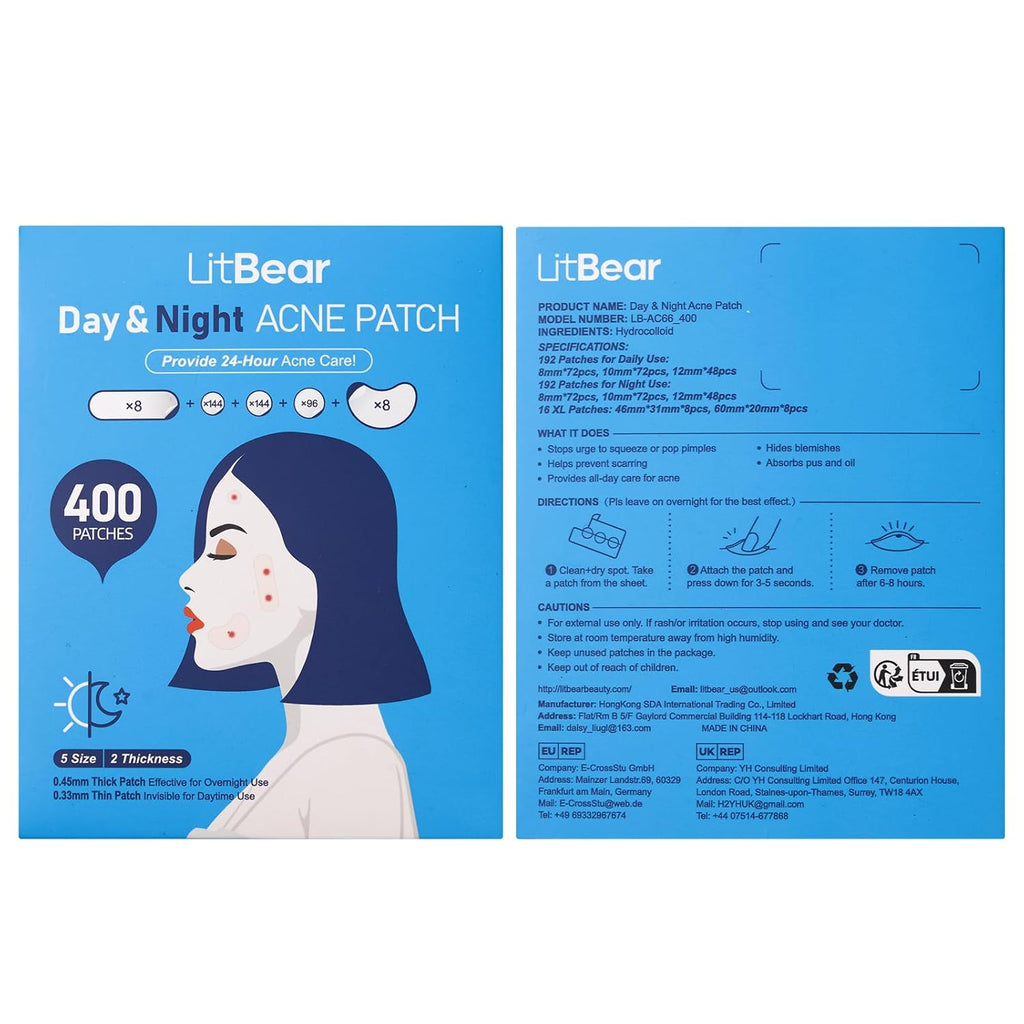 LitBear Pimple Patches for Face, 400 Counts Day and Night Acne Patches, Hydrocolloid Patches for Covering Zit and Blemishes, Large Breakouts, 5 Sizes Thin & Thick Spot Dots Stickers for Chin, Forehead
