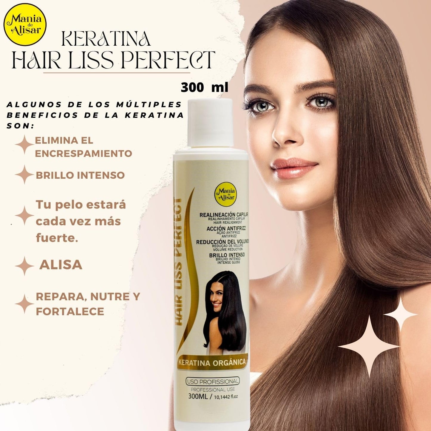 Mania de Alisar Organic Keratin Brazilian Hair Straightening contains one bottle of Keratin 10 oz (300 ml)