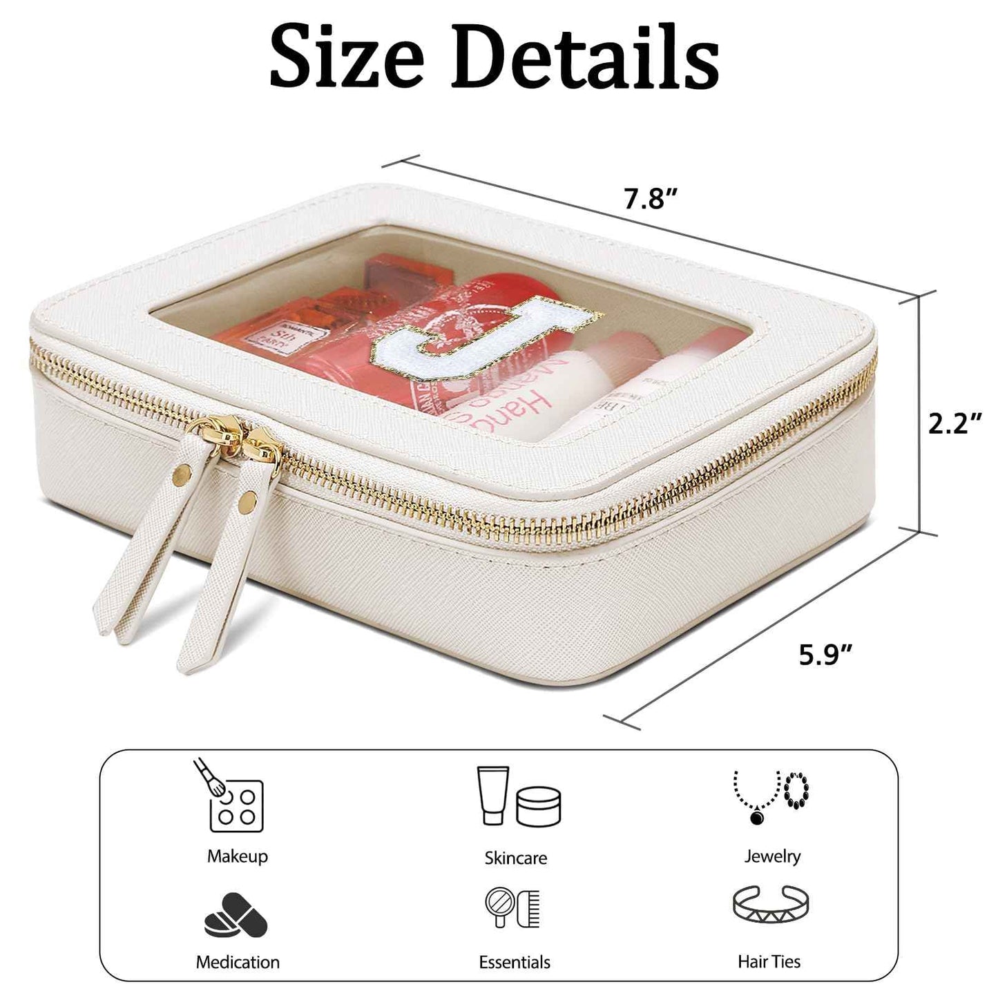 CLOUDWINGS Initial Travel Toiletry Bag - Cosmetic Bags for Girls with Zipper, Clear & Potable Makeup Bag for Travel, Cosmetic Pouch Perfect Gifts for Graduation (Beige, J)