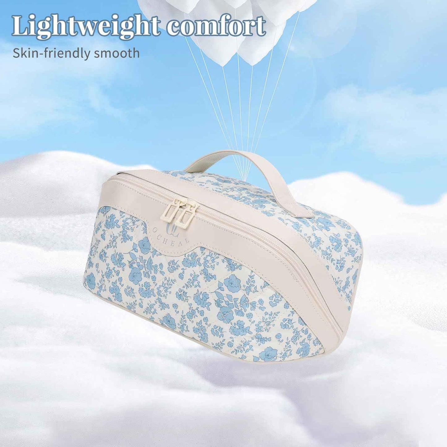 Travel Makeup Bag Organizer Cosmetic Bag, 2Pcs Floral Make up Bag Portable Pouch Open Flat Pouch Clear Divider and Handle