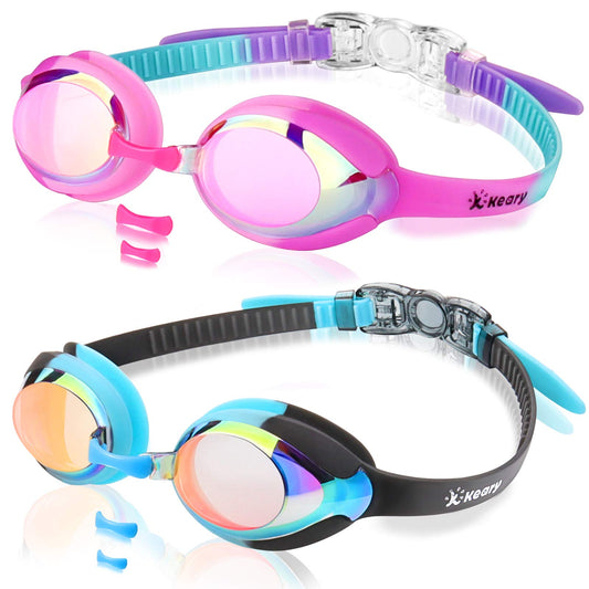 Keary 2 Pack Kids Swim Goggles Swimming Goggles for Toddler Children Girls Boys Youth, Anti-Fog Waterproof Anti-UV Clear Vision Mirror Flat Lens Water Pool Goggles with 3 Nose Piece, Pink Kids Goggles