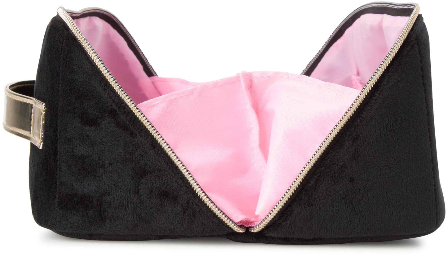 Juicy Couture Black Makeup Bag Cosmetics Organizer Travel Essentials Cross Zip Velour Rhinestone Gold Handle