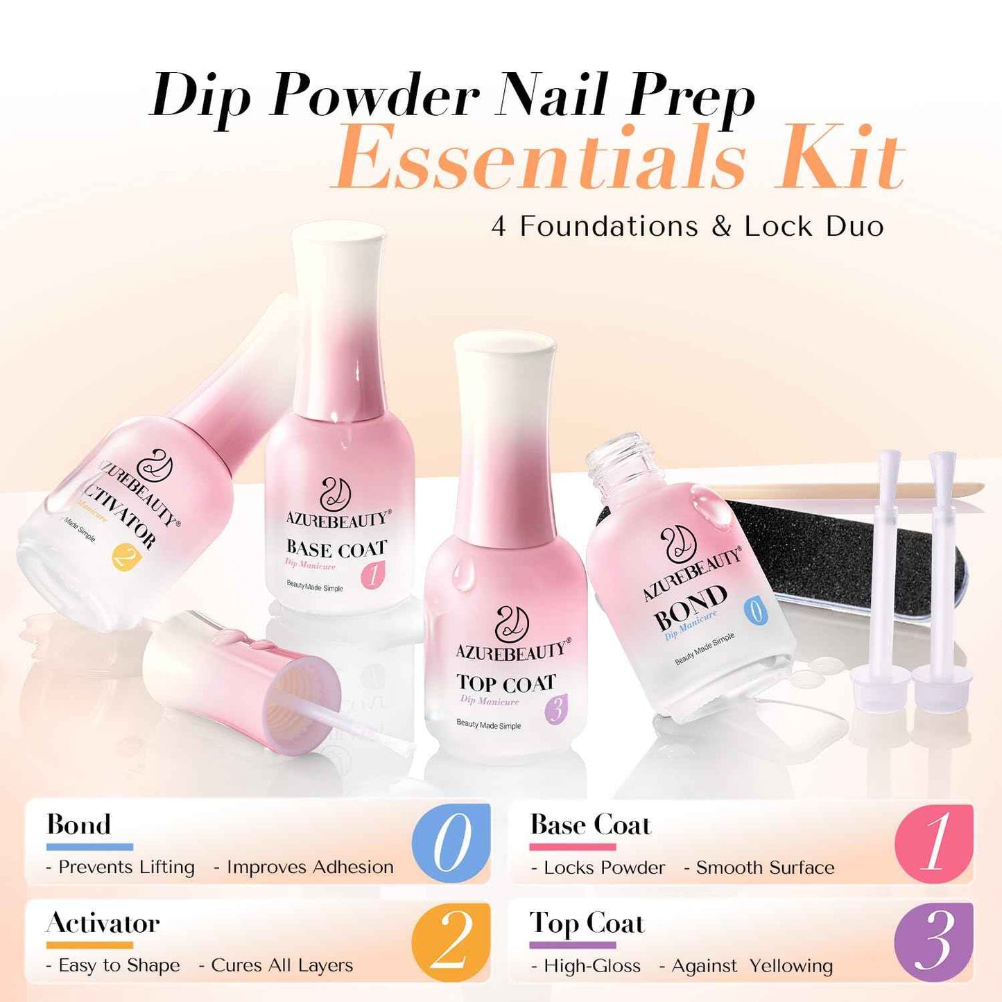 AZUREBEAUTY Dip Powder Liquid Set - 8Pcs 15ml/0.5oz Upgraded Bond, Base Coat, Activator & Top Coat | DIY Home Salon Necessary Tools