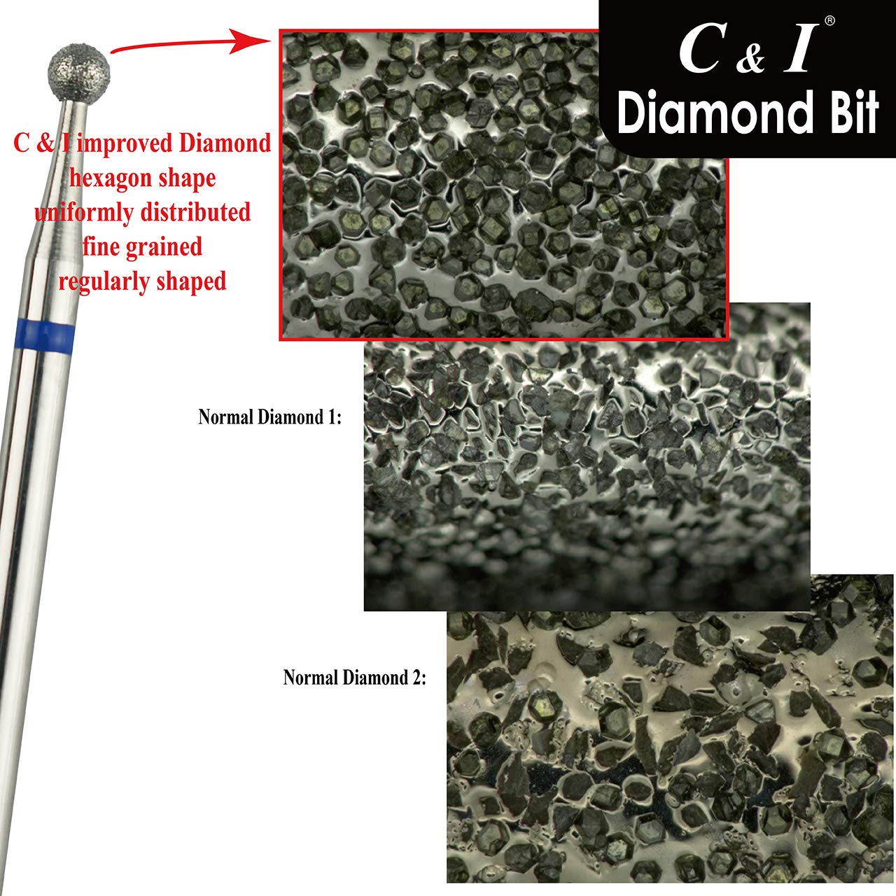 C & I Diamond Nail Drill Bit, Ball Shape Head E-File, Professional Cuticle Clean Drill Bit, Improved Diamond Powder plus Tungsten Carbide Shank 3/32” (2.35 mm) (3.1 mm, Coarse -C)