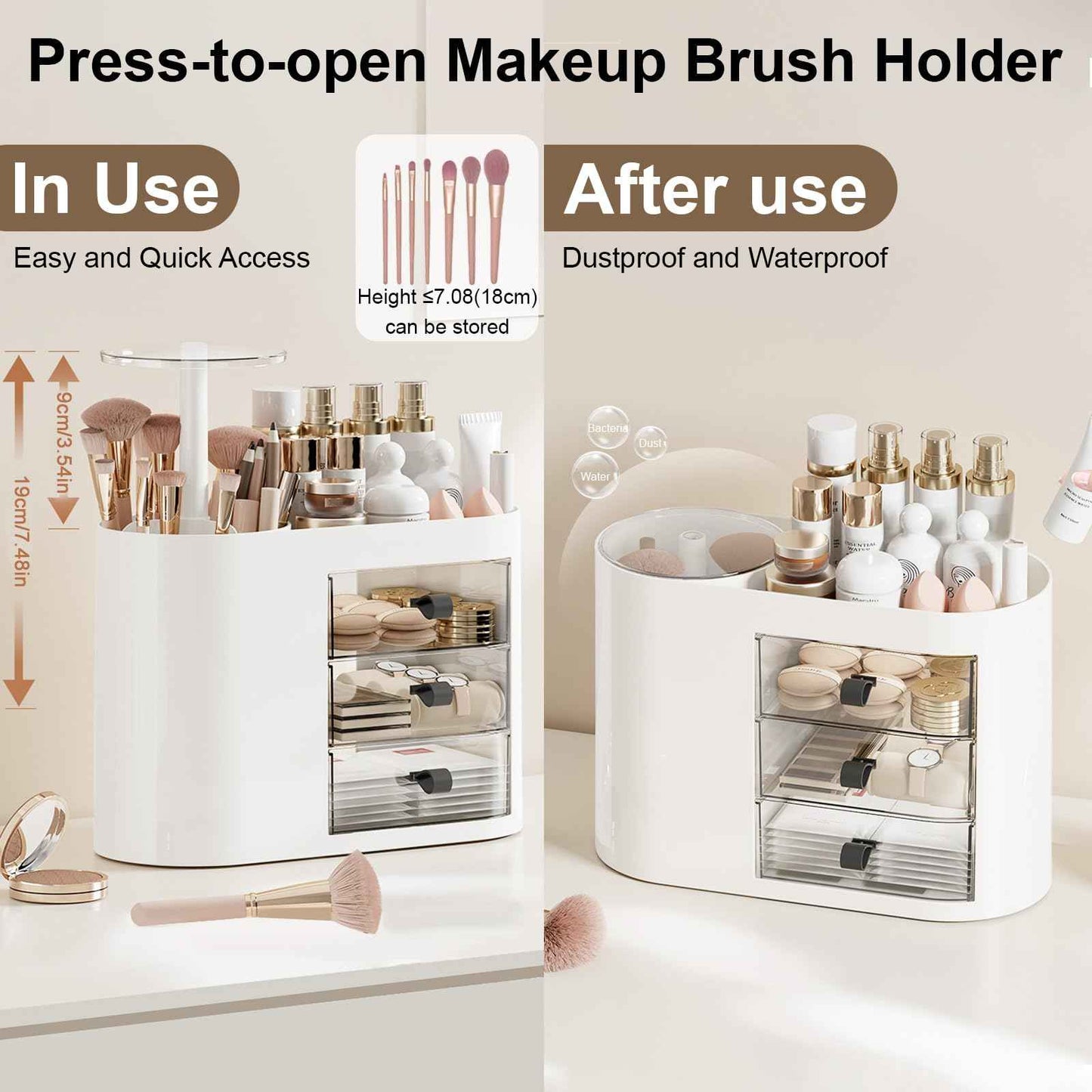 DASITON Makeup Organizer with 3 Drawers,Automatic Lifting Makeup Brush Holder with Lid,Large Capacity Makeup Organizers for Vanity,Bathroom Countertop,Ideal Storage Skin Care,Brushes,Lipstick (White)