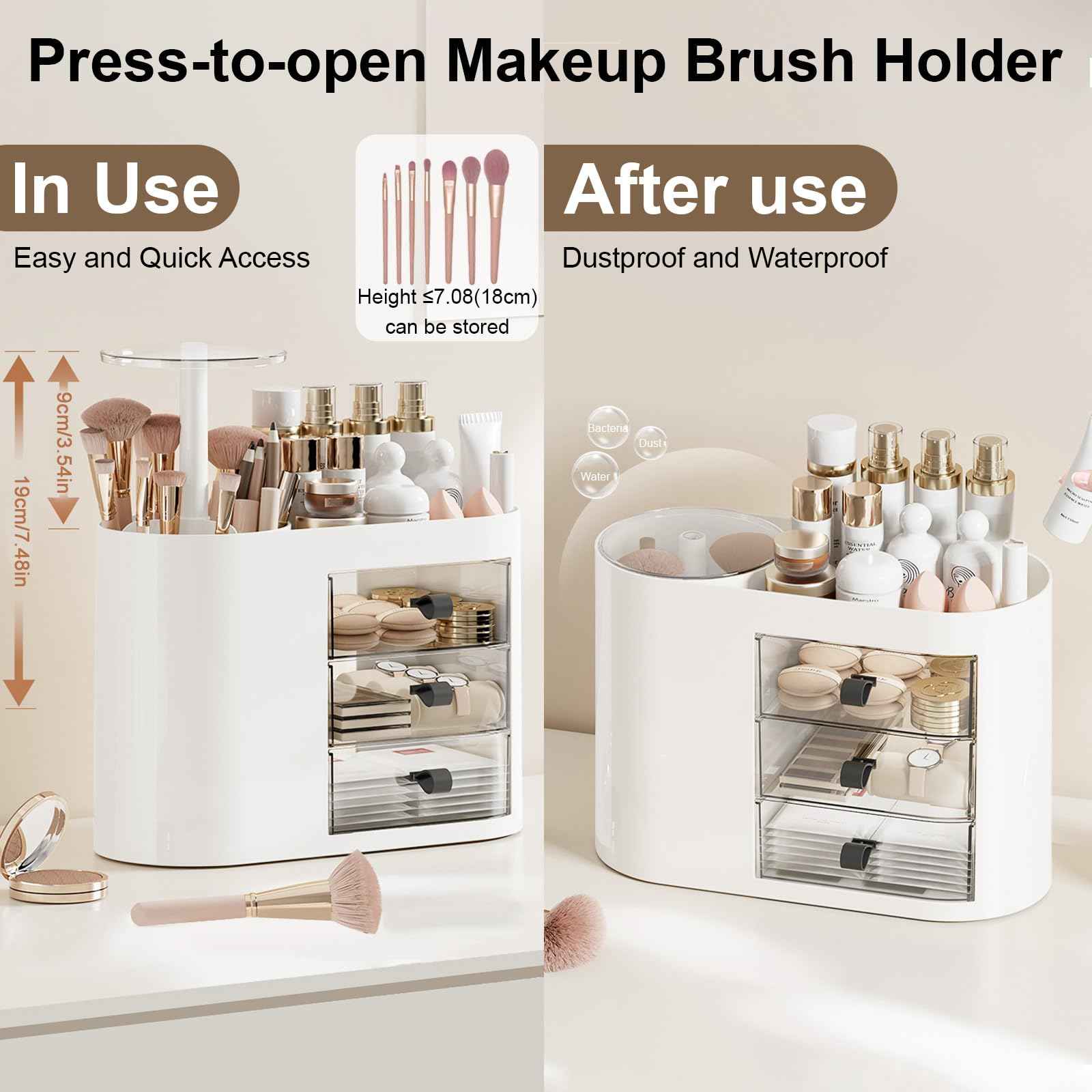 DASITON Makeup Organizer with 3 Drawers,Automatic Lifting Makeup Brush Holder with Lid,Large Capacity Makeup Organizers for Vanity,Bathroom Countertop,Ideal Storage Skin Care,Brushes,Lipstick (White)