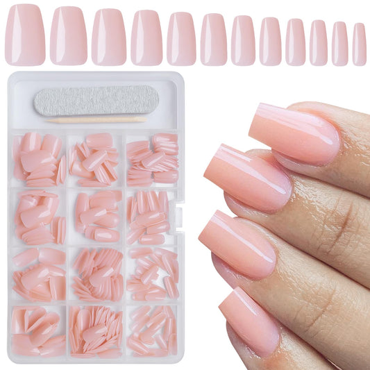 AddFavor 300pcs Coffin Press on Nails Medium Fake Nails Nude Pink Nails Glossy Ballerina Square Nail Press on Acrylic False Nail for Women Girls