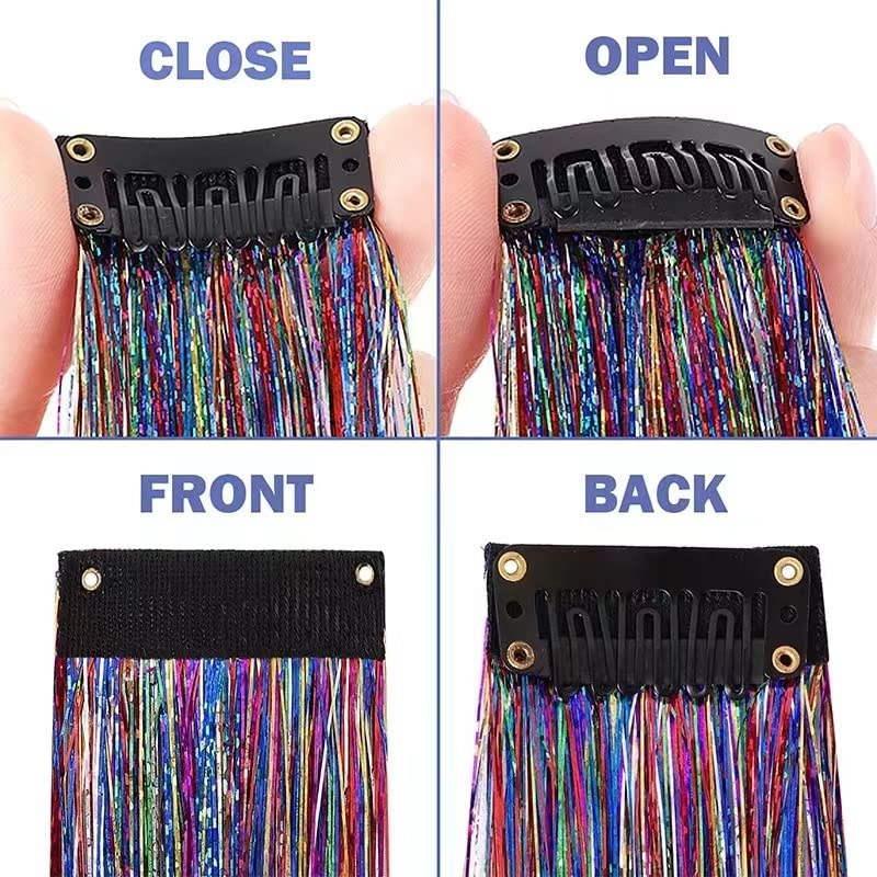 SOYZMYX 12PCS Tinsel Hair Extensions Glitter Hair Extension Clip in Gold Sparkling Fairy Hair Tinsel Kit Shiny Highlights Colorful Heat Resistant Hair Accessories for Girls New Year Party(Blue+Purple)