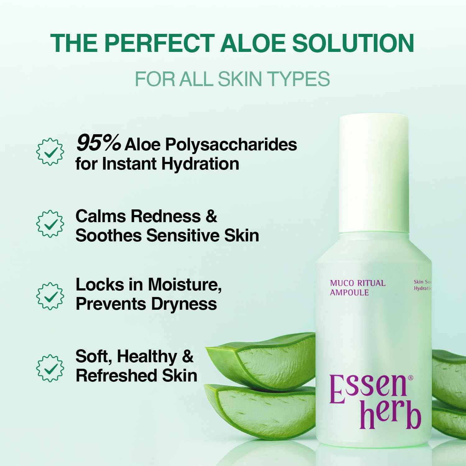 ESSENHERB Aloe Serum (Muco Ritual Ampoule) – Korean Vegan Facial Essence with 95% Aloe Polysaccharides – Lightweight Hydration for Dry & Visibly Stressed Skin – 4.05 fl oz (120ml)