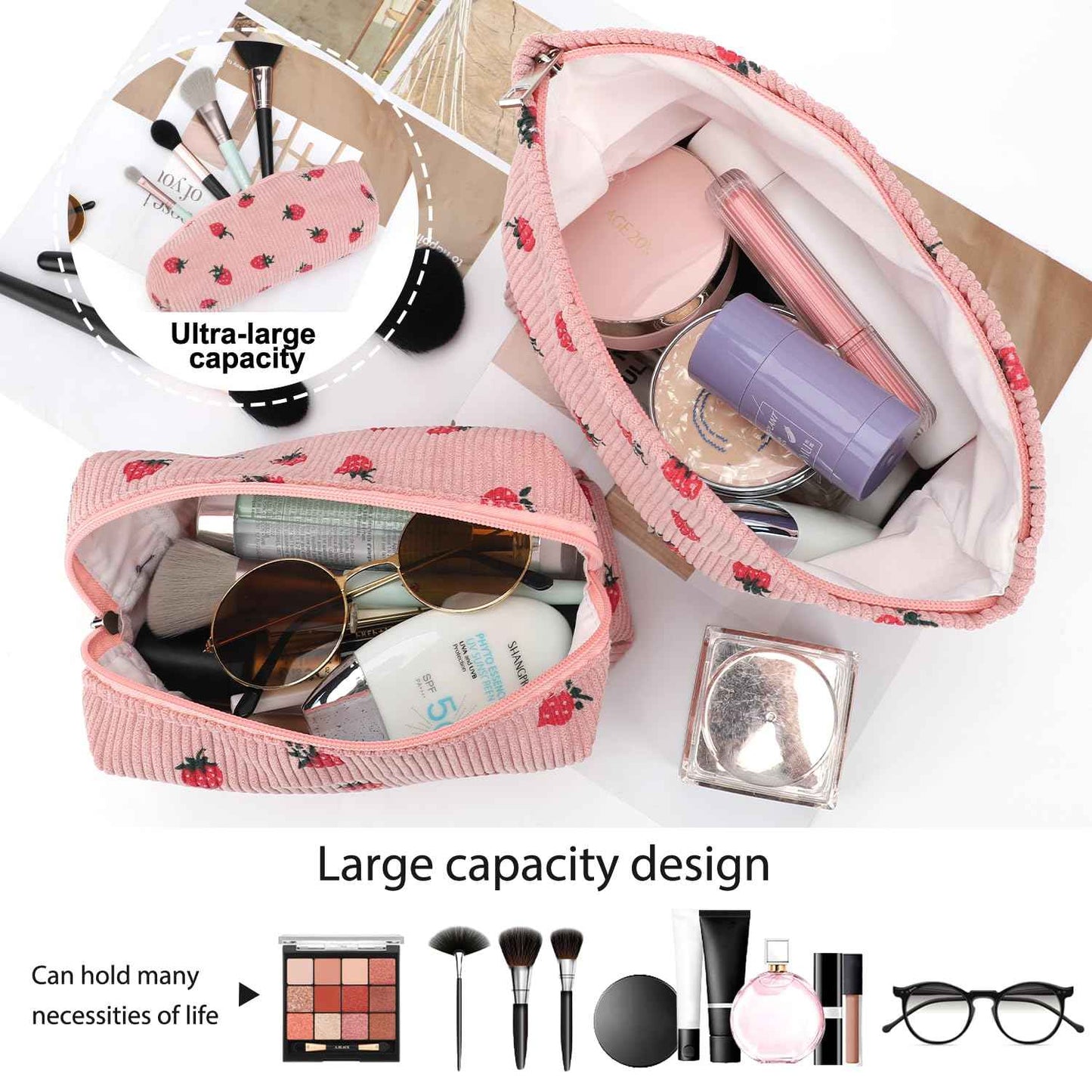 EIMMBD Makeup Bag 3 Pieces Large Capacity Cosmetic Bags Travel Toiletry Bag Organizer Cute Makeup Pouch Storage for Women(Pink Strawberry)